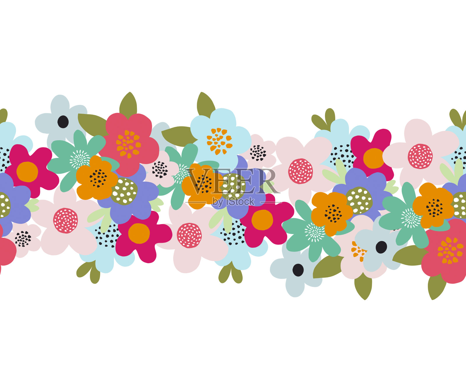 无缝边框鲜艳的花在白色的背景,数字插图插画图片素材