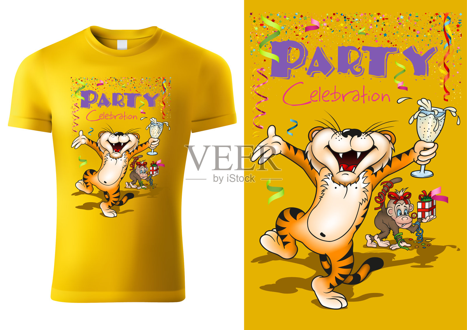 印有庆祝卡通动物的t恤设计插画图片素材