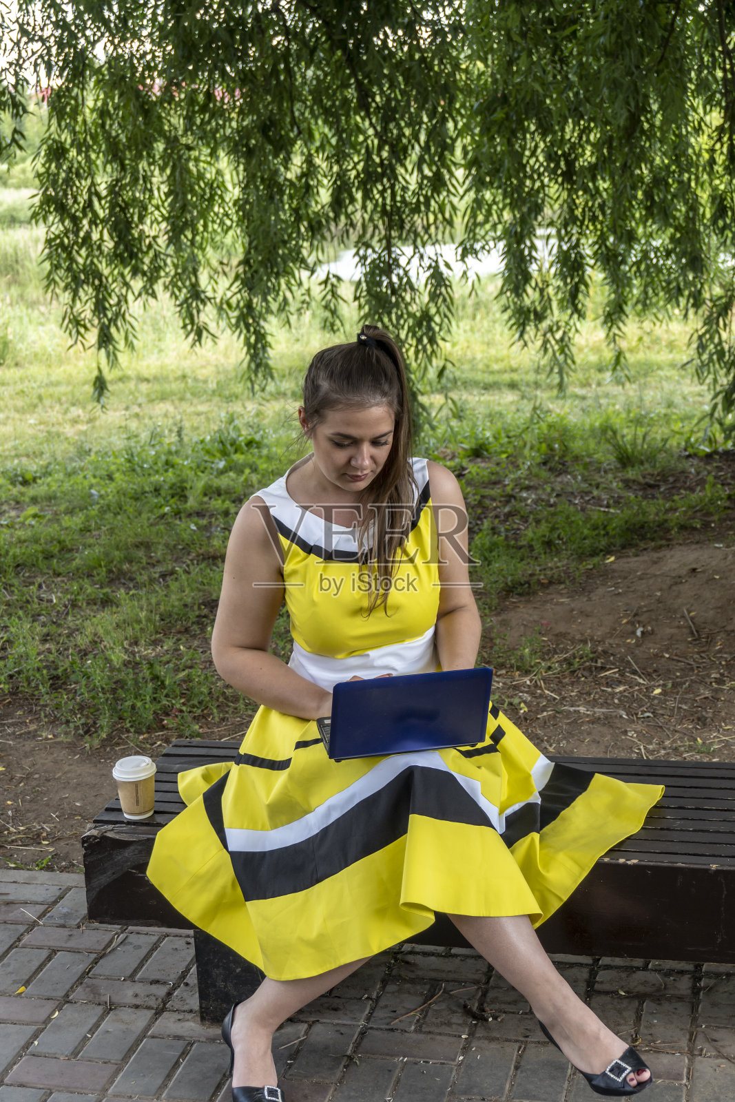 年轻漂亮的女孩穿着黄色裙子拿着笔记本电脑在公园里。在网上工作,学习,交流,网上购物,阅读新闻照片摄影图片