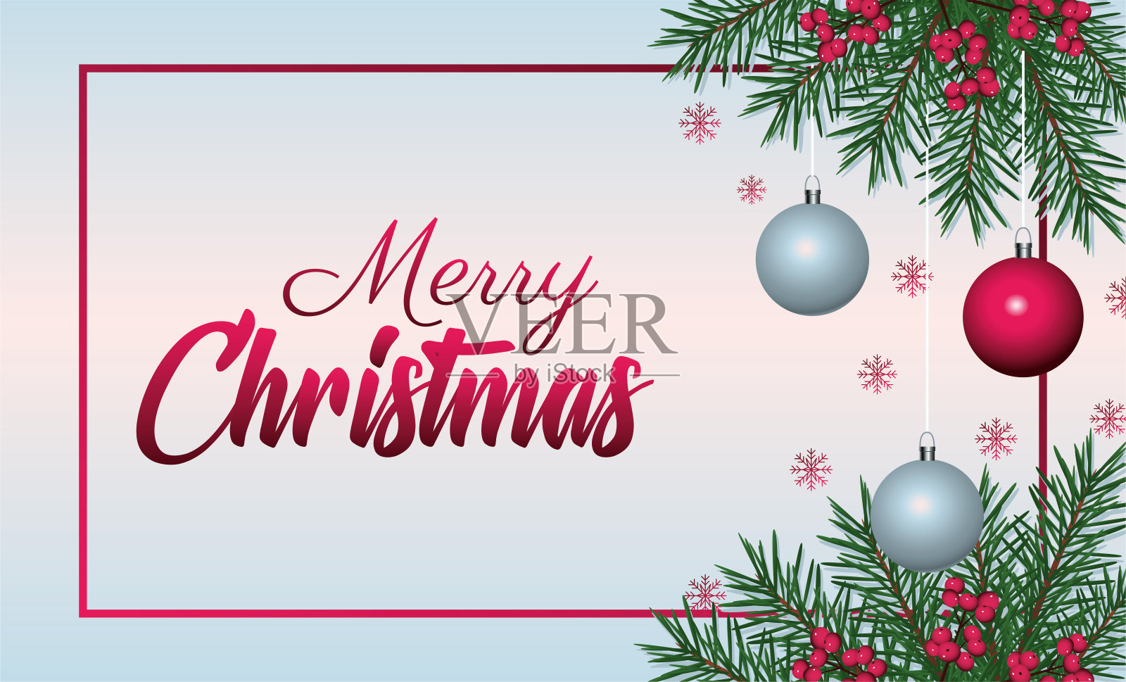 圣诞快乐卡片与球和杉木框架插画图片素材