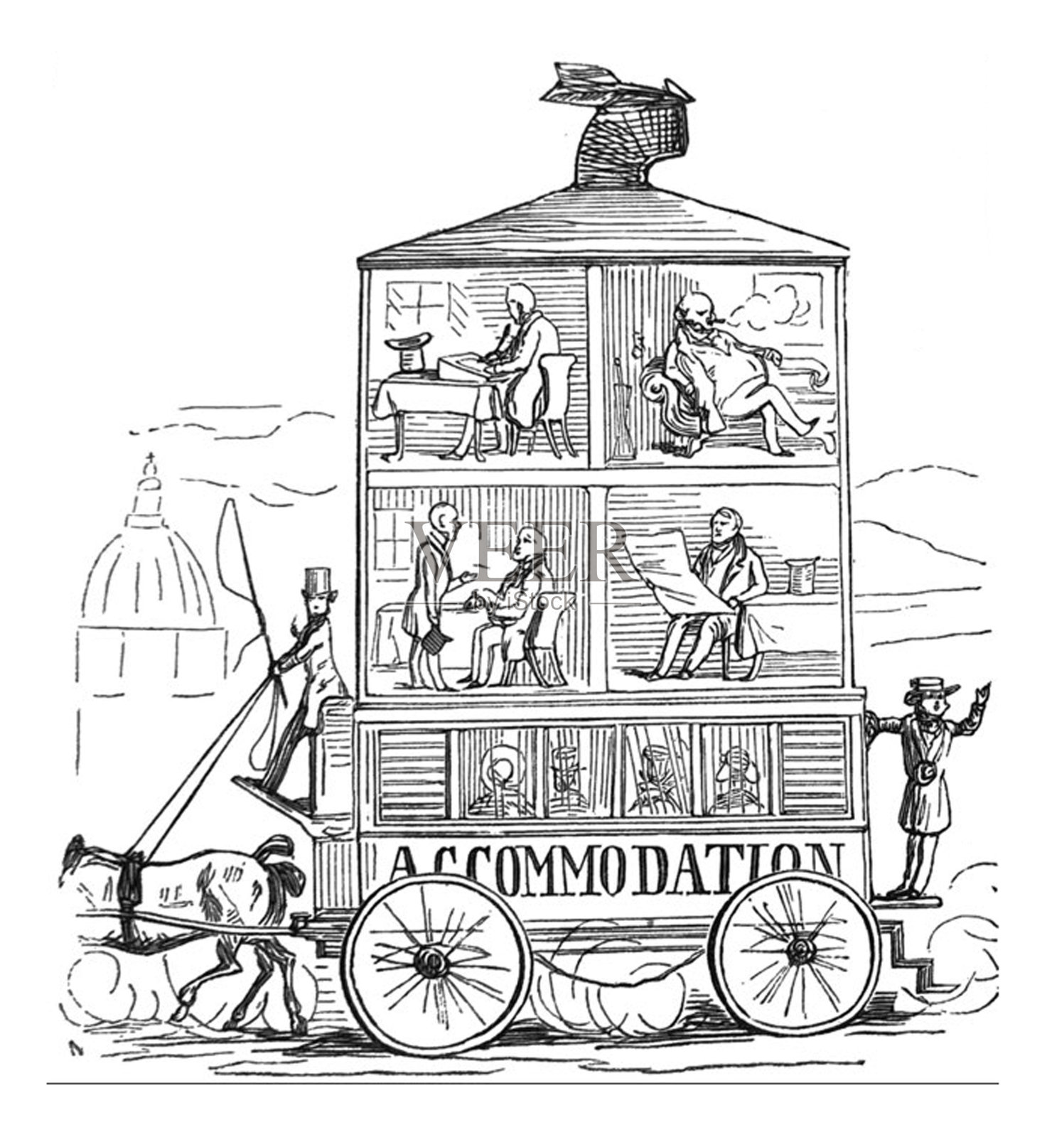 英国讽刺漫画漫画插图——高层酒店的马车床上面有四个房间的马车插画图片素材