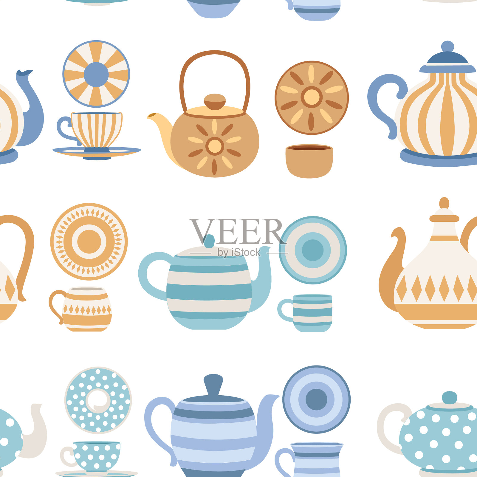 无缝图案的茶壶和杯子插画图片素材