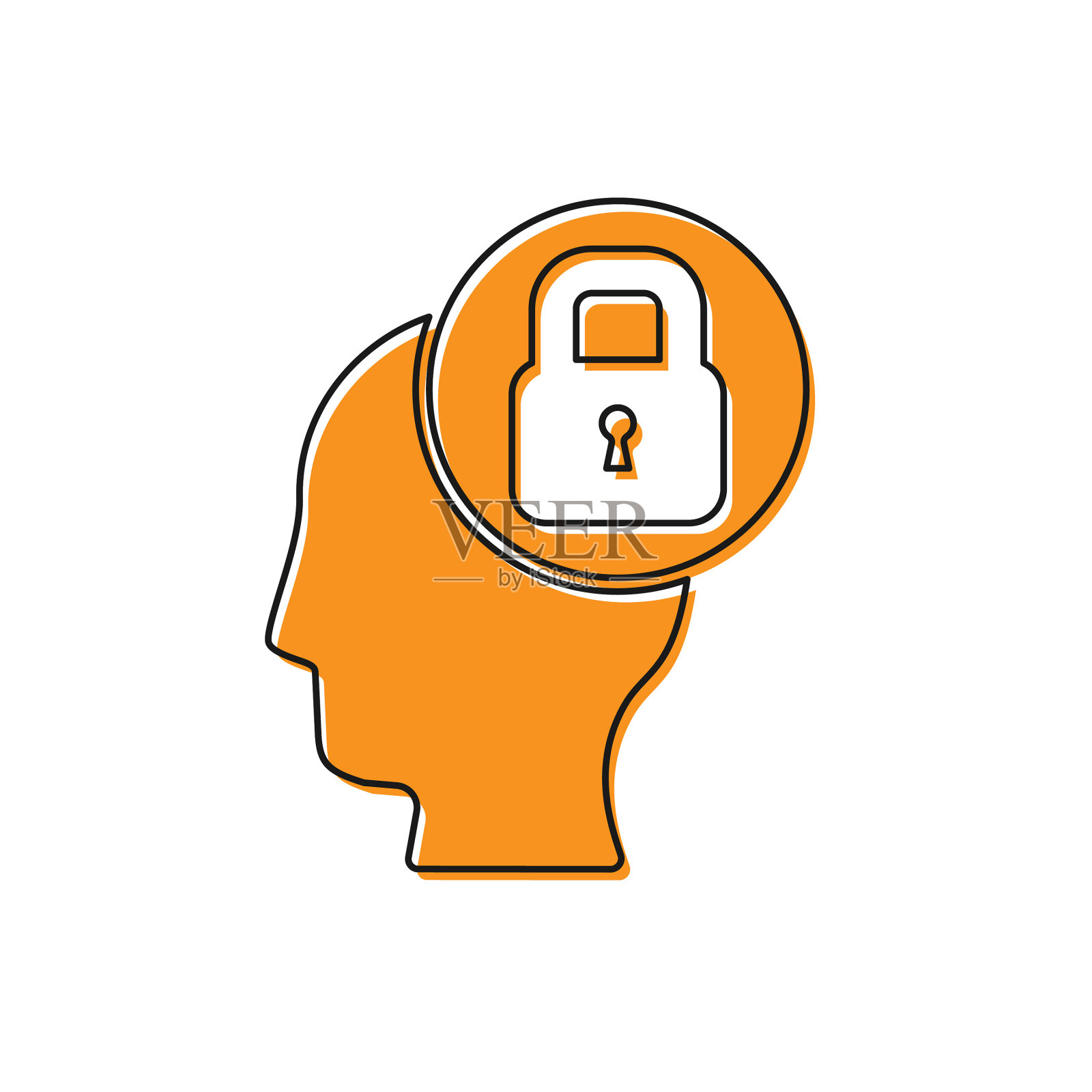 橙色人头与锁图标隔离在白色上插画图片素材