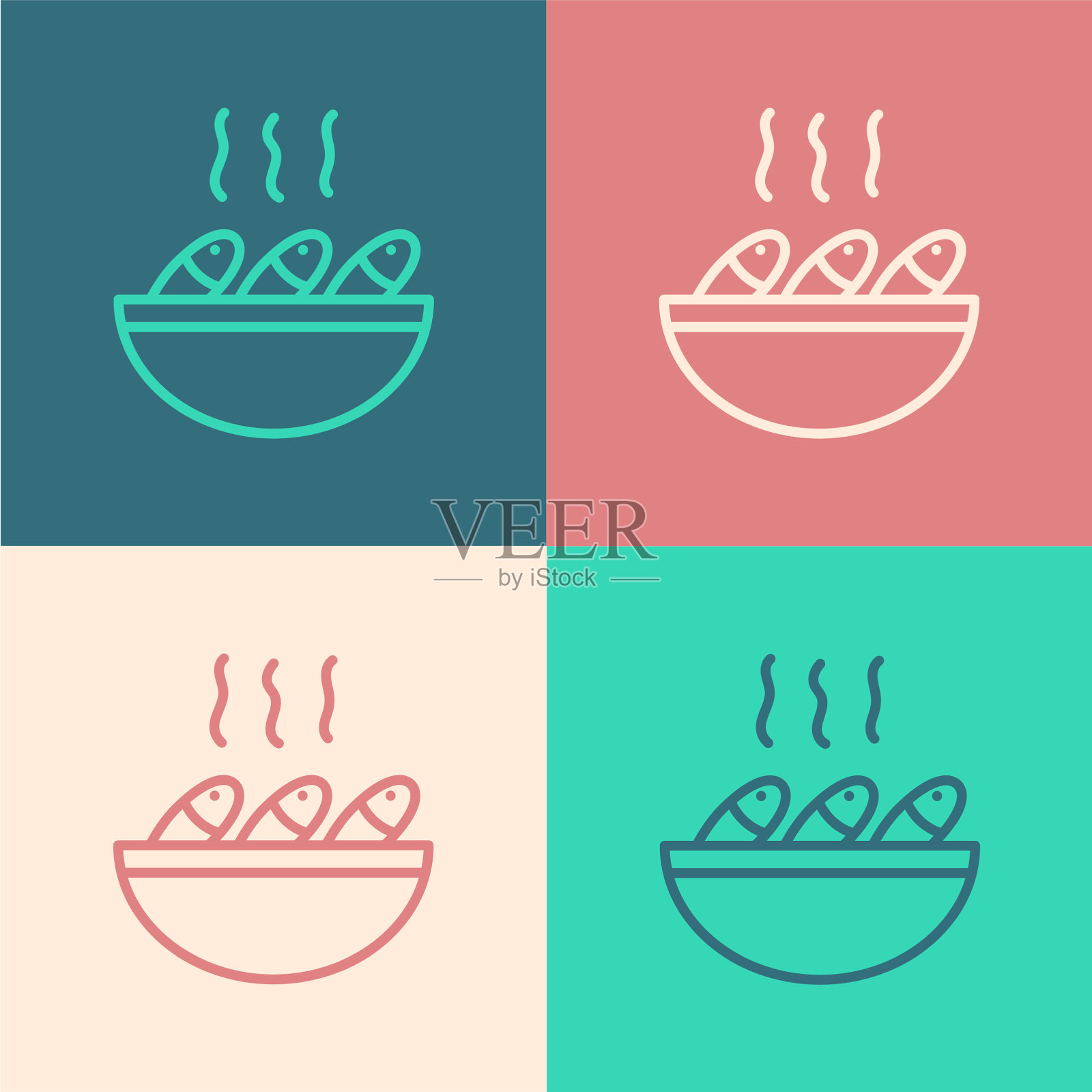 流行艺术线鱼汤图标孤立的颜色插画图片素材