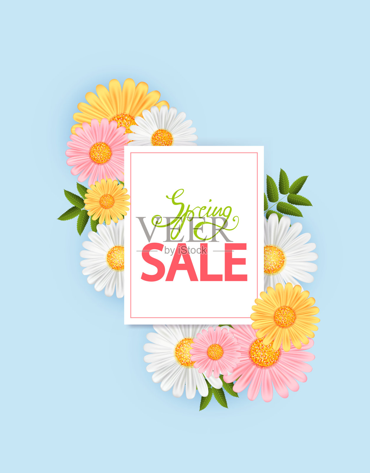 春季大甩卖背景以粉色、黄色、白色花朵为主插画图片素材