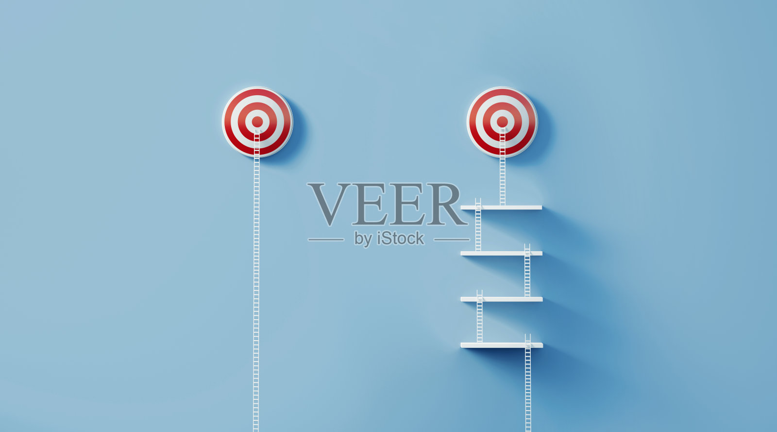 靠在蓝墙上的两个红牛眼目标上的白色梯子照片摄影图片