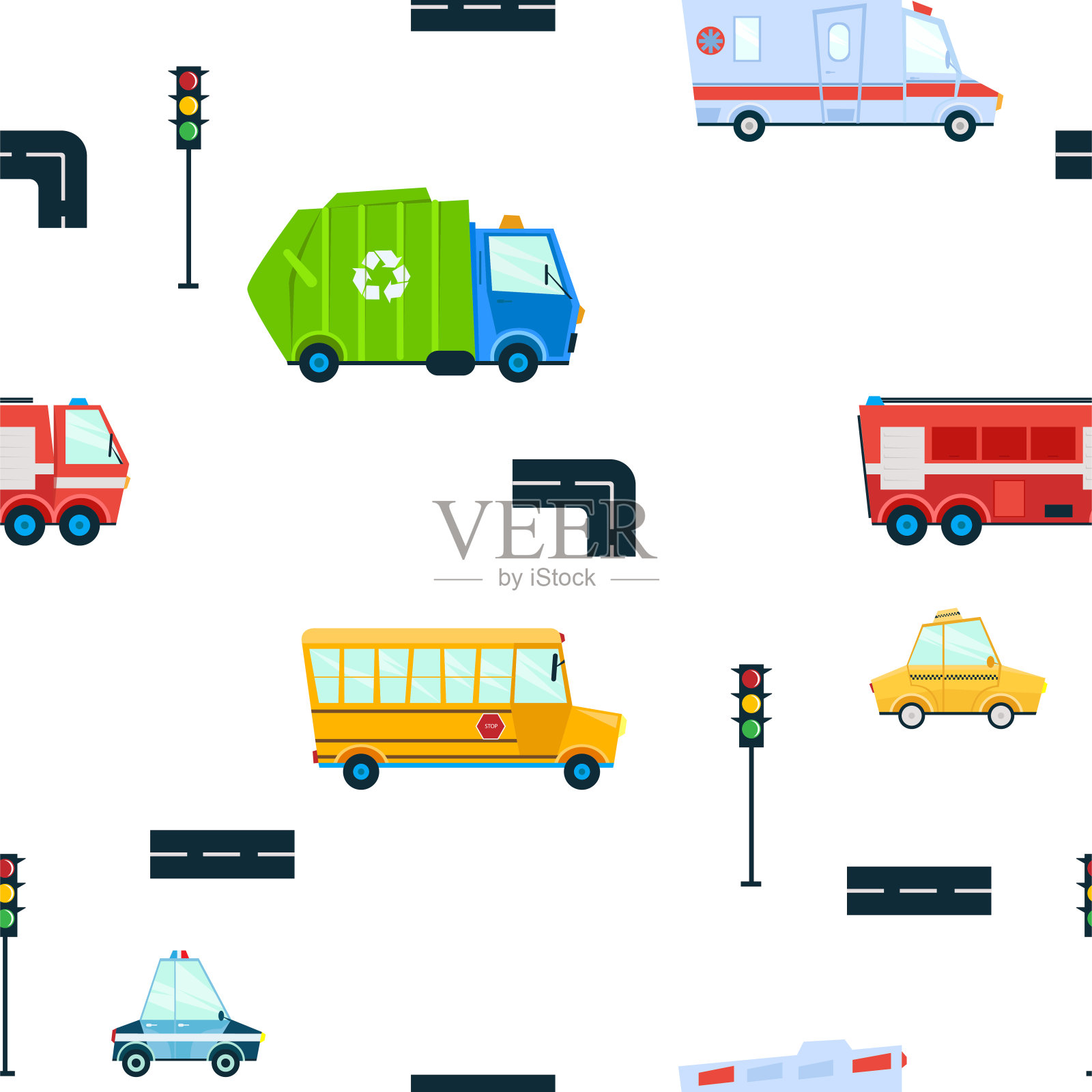 卡车的模式。城市服务车辆和建筑设备。卡通风格矢量插图插画图片素材