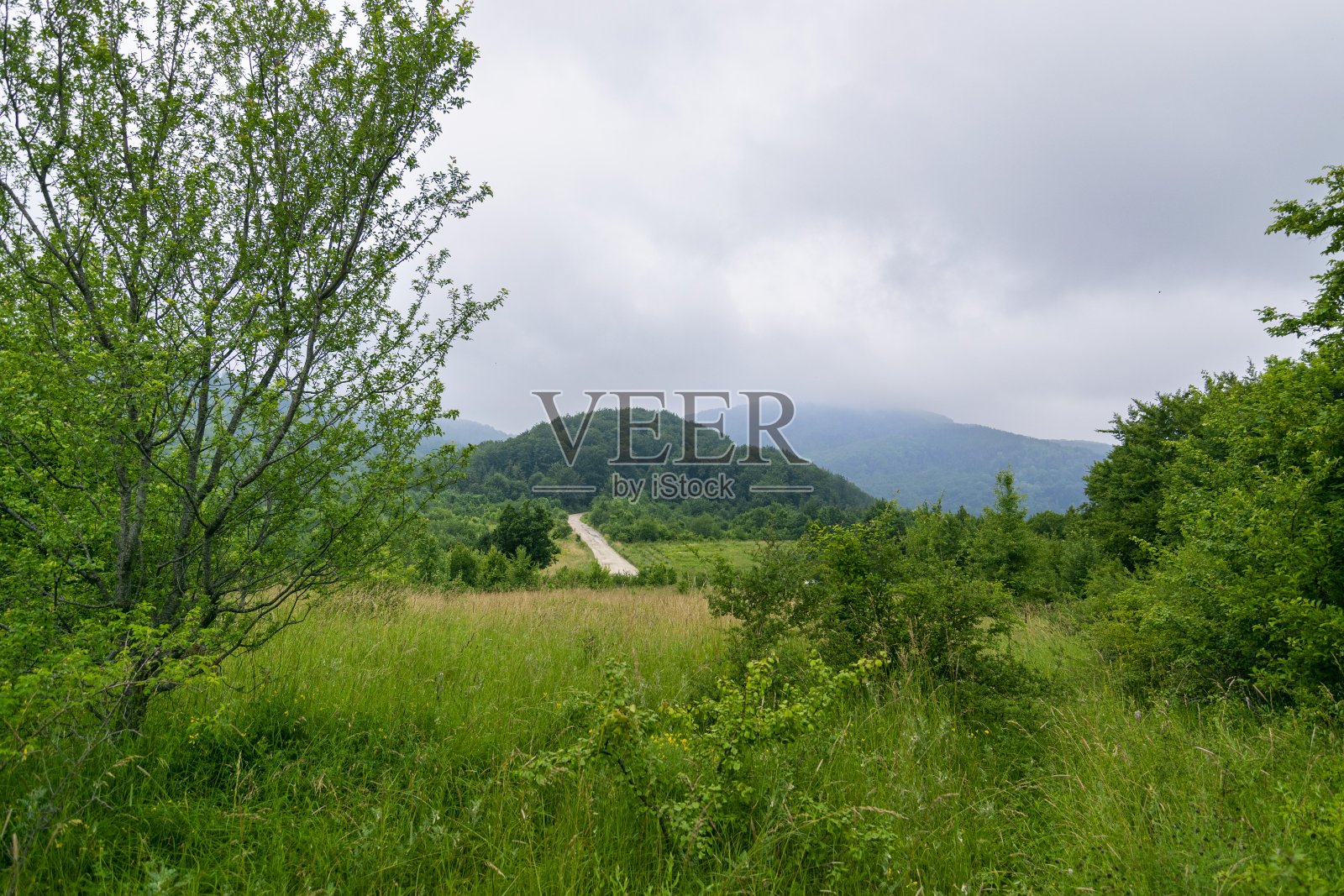 美丽的山景与肮脏的道路和惊人的多云的天空在炎热的夏天照片摄影图片