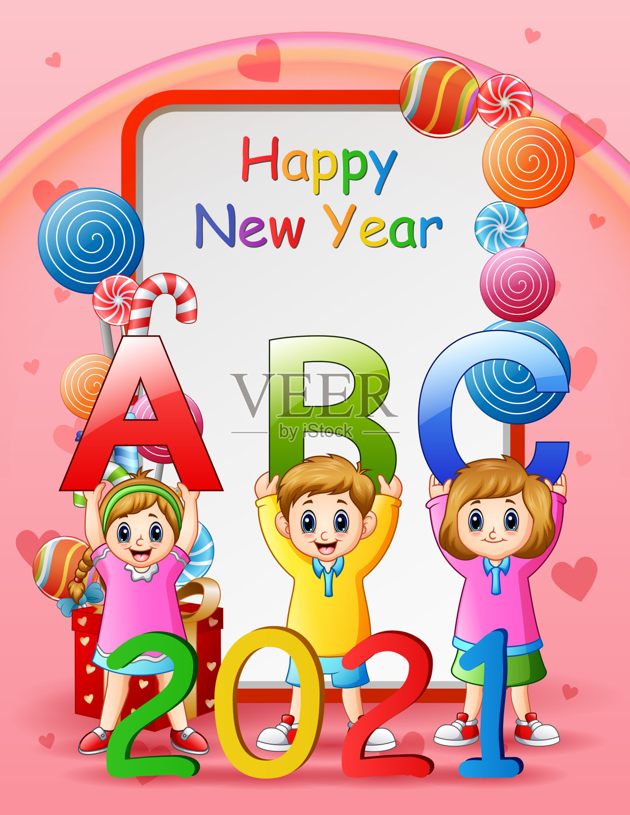 2021年新年贺卡,孩子们拿着ABC信插画图片素材