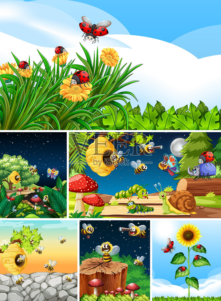 设置不同的昆虫生活在花园里插画图片素材