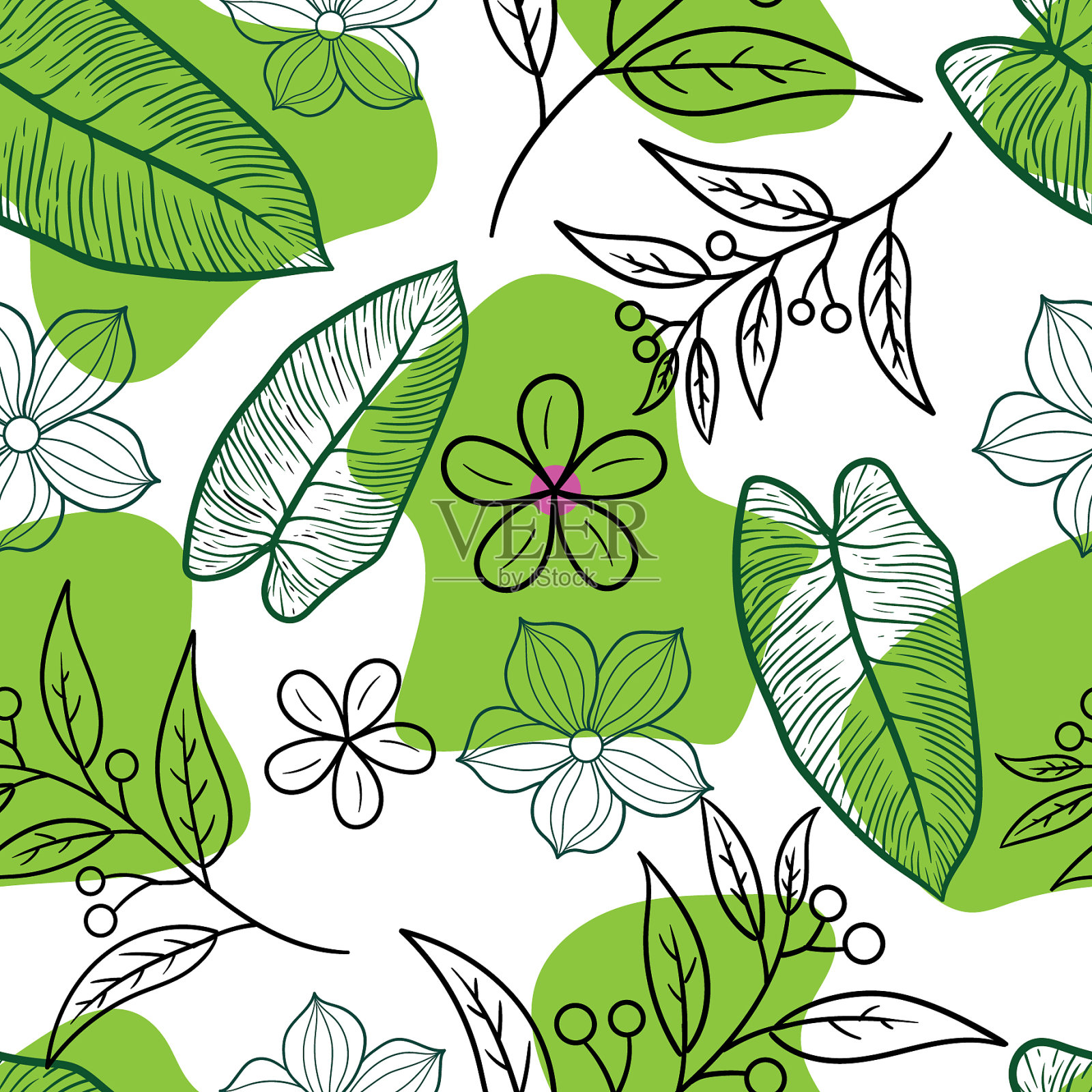 抽象无缝图案叶和花插画图片素材