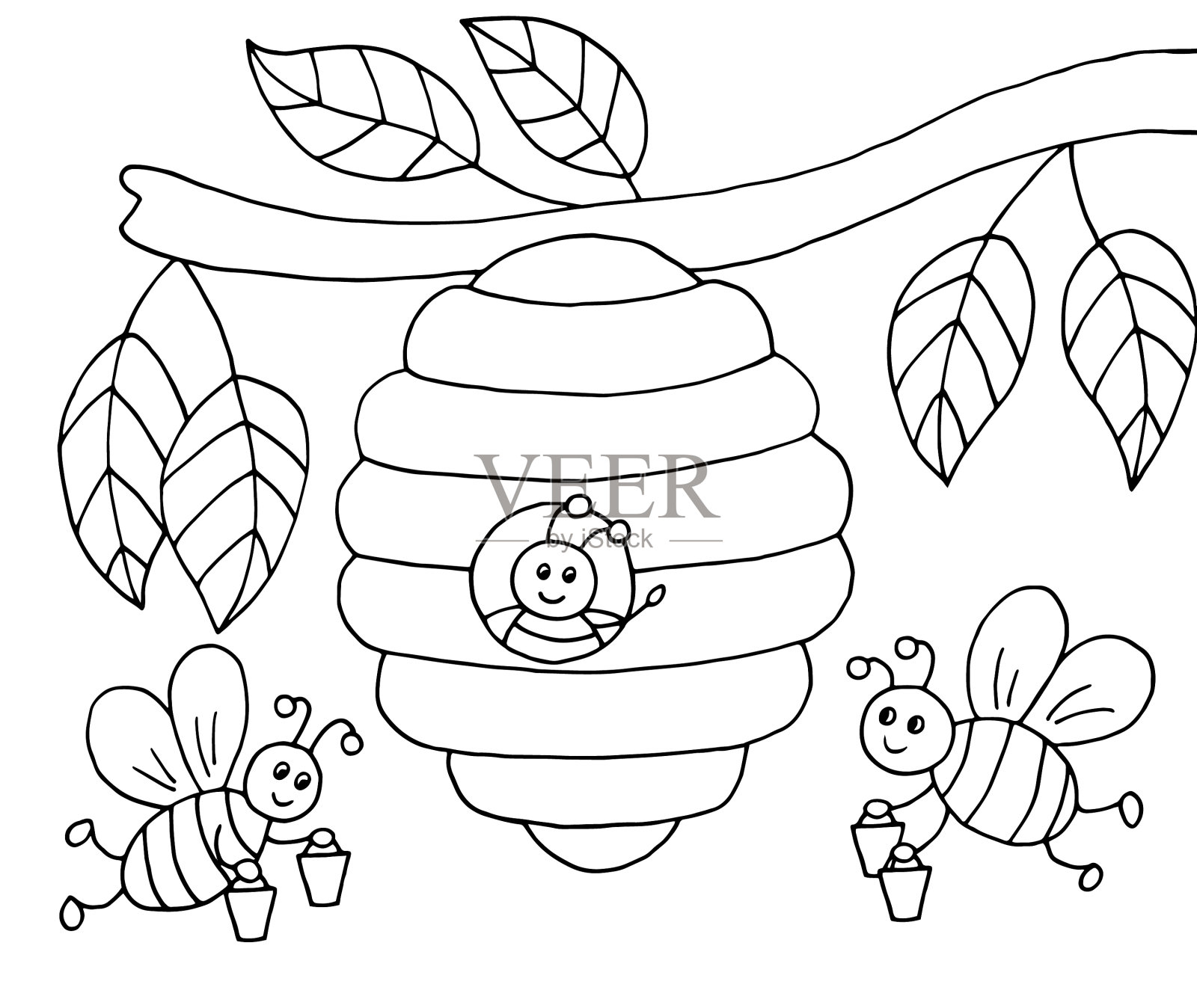 手绘的卡通蜜蜂和树上的蜂箱插画图片素材