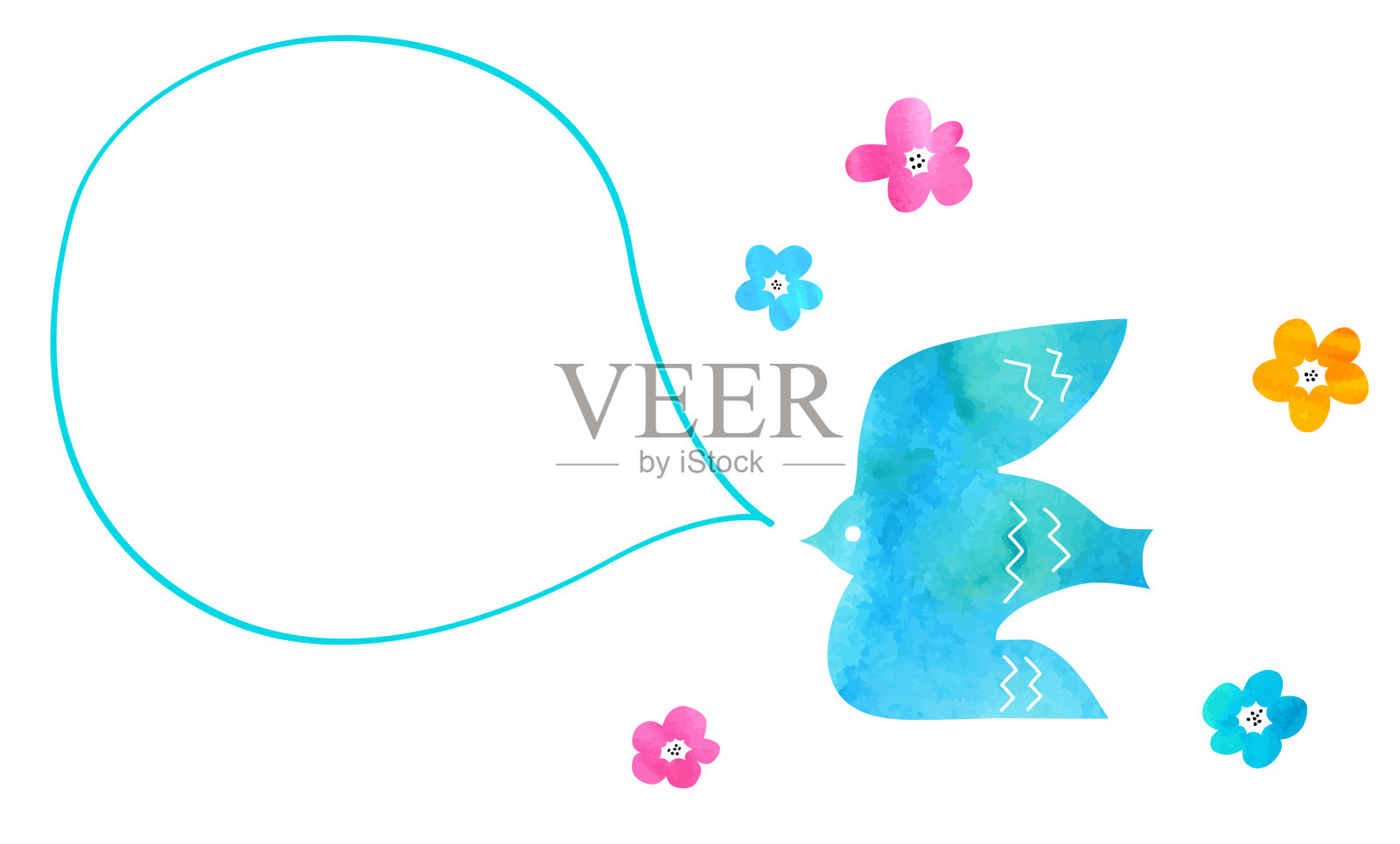 鸟语泡泡和花与水彩纹理插画图片素材