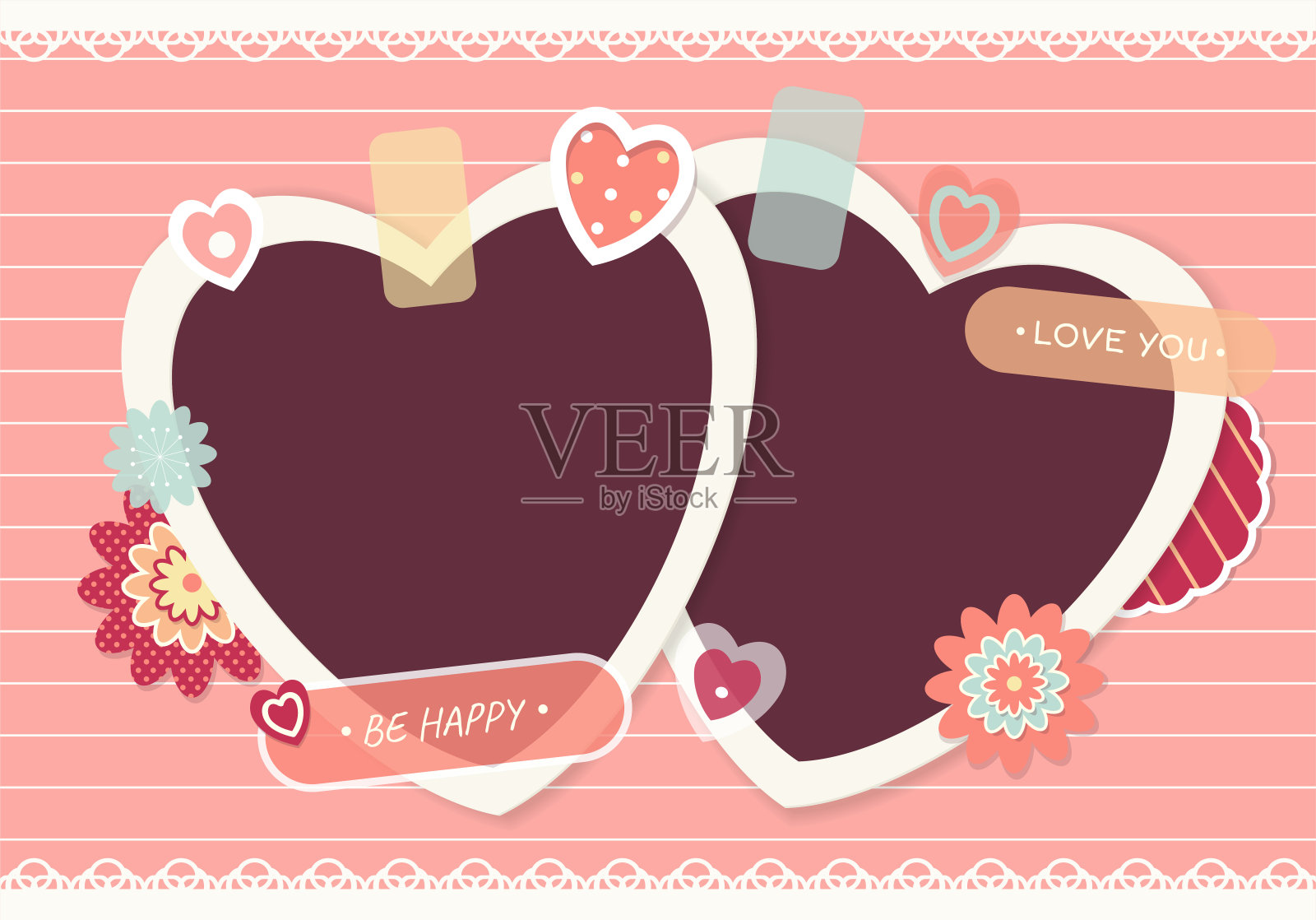 情人节复古的背景与两个心形的复古照片设计模板素材