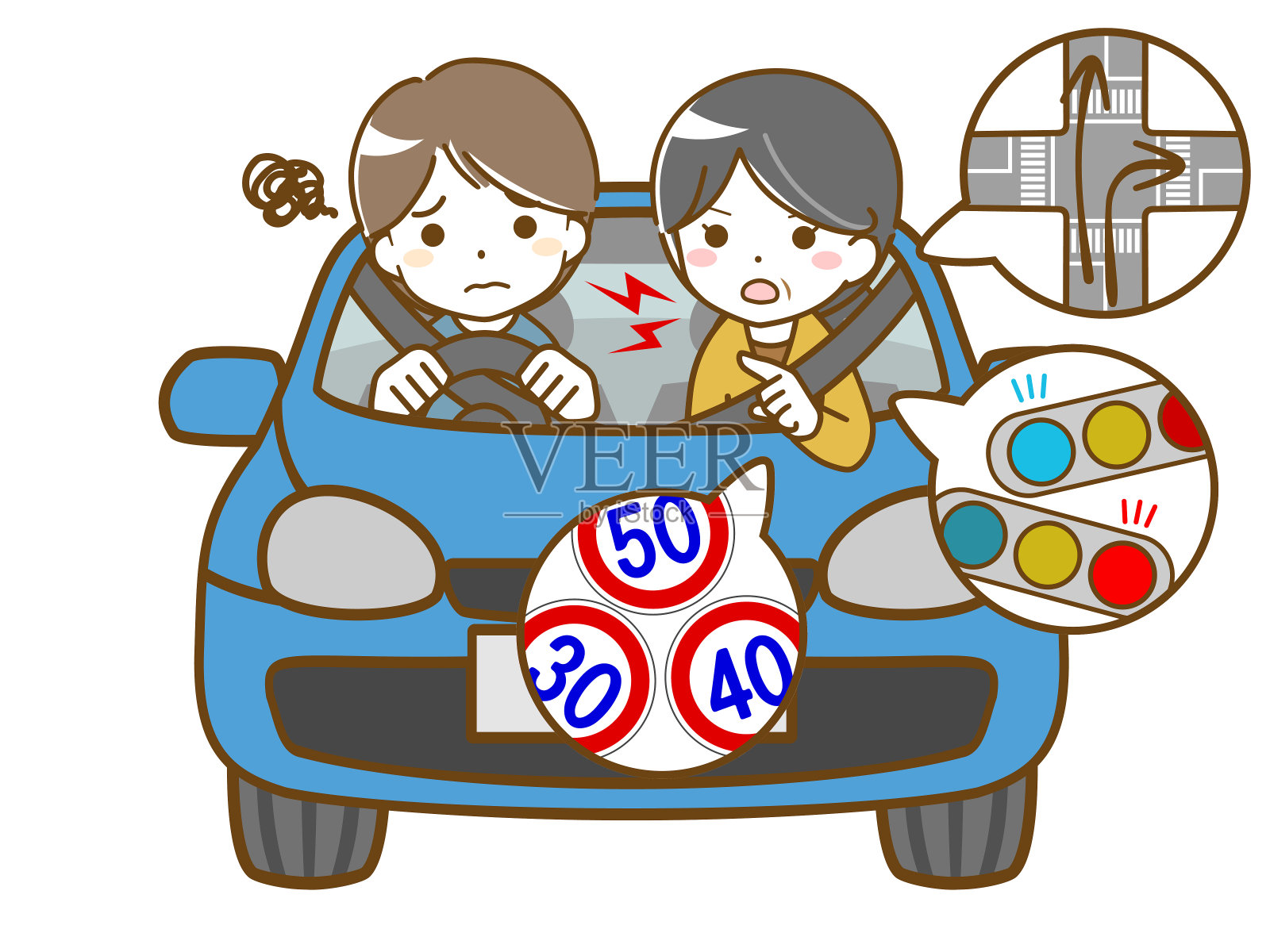 一个年轻的男人正忍受着一个吵闹的中年女乘客的指示插画图片素材