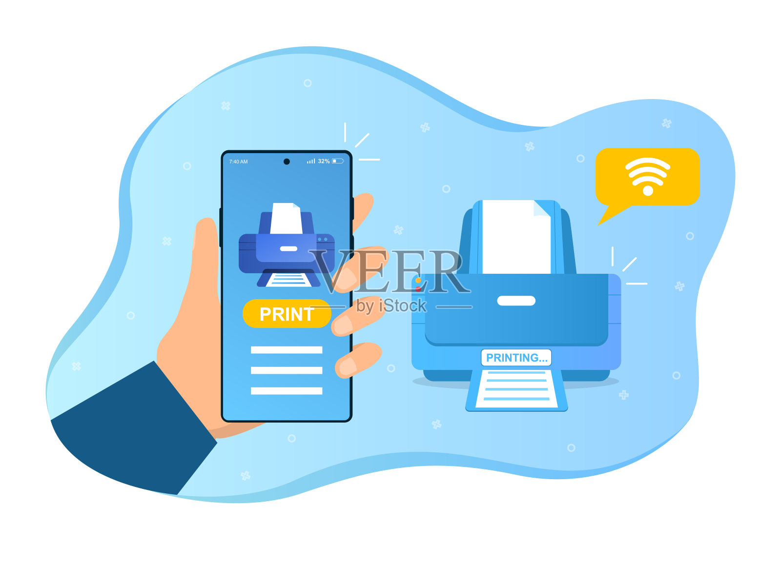 打印机从智能手机无线打印文件插画图片素材