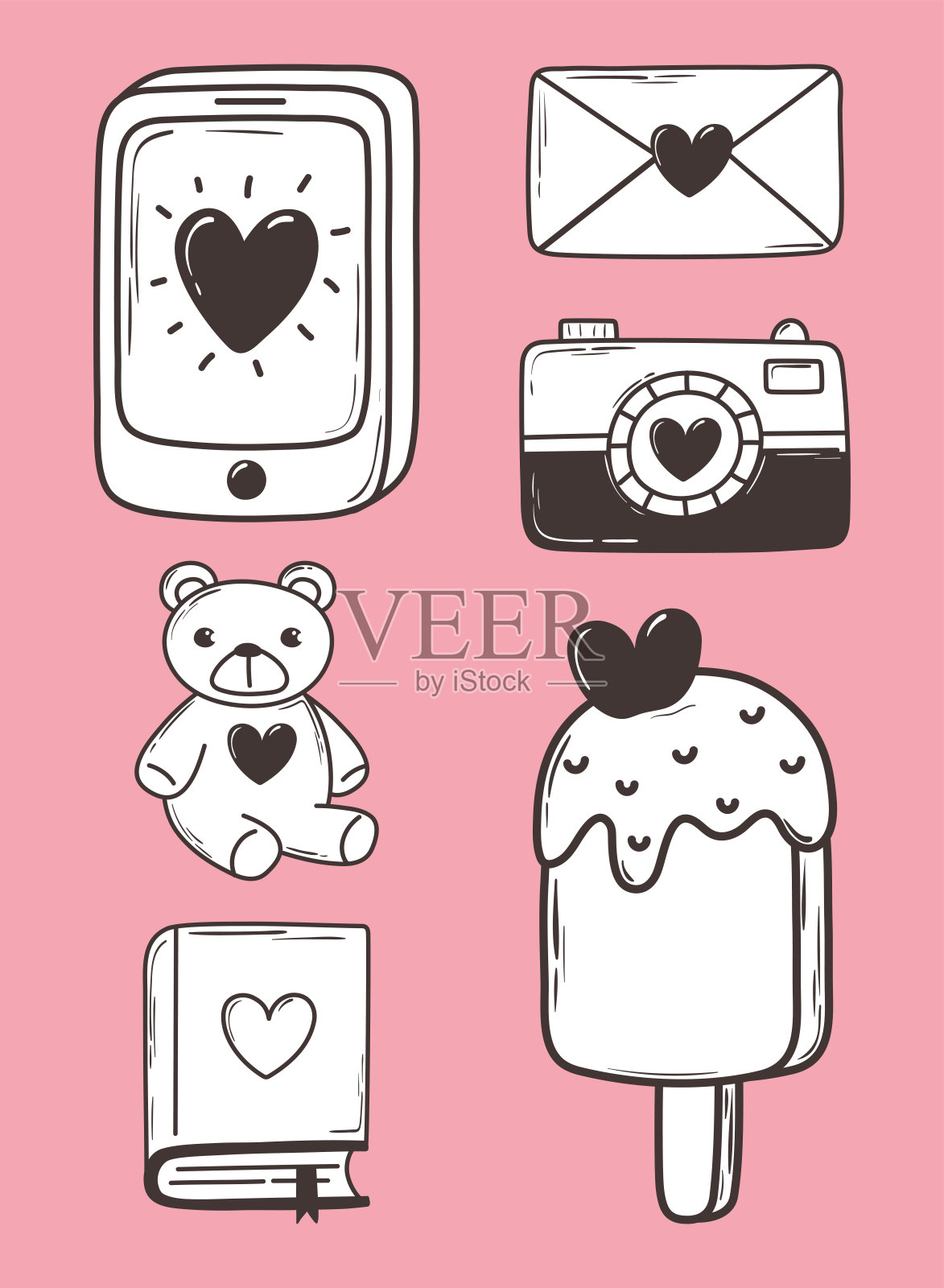 爱涂鸦图标设置手机相机邮件冰淇淋熊书粉红色的背景插画图片素材