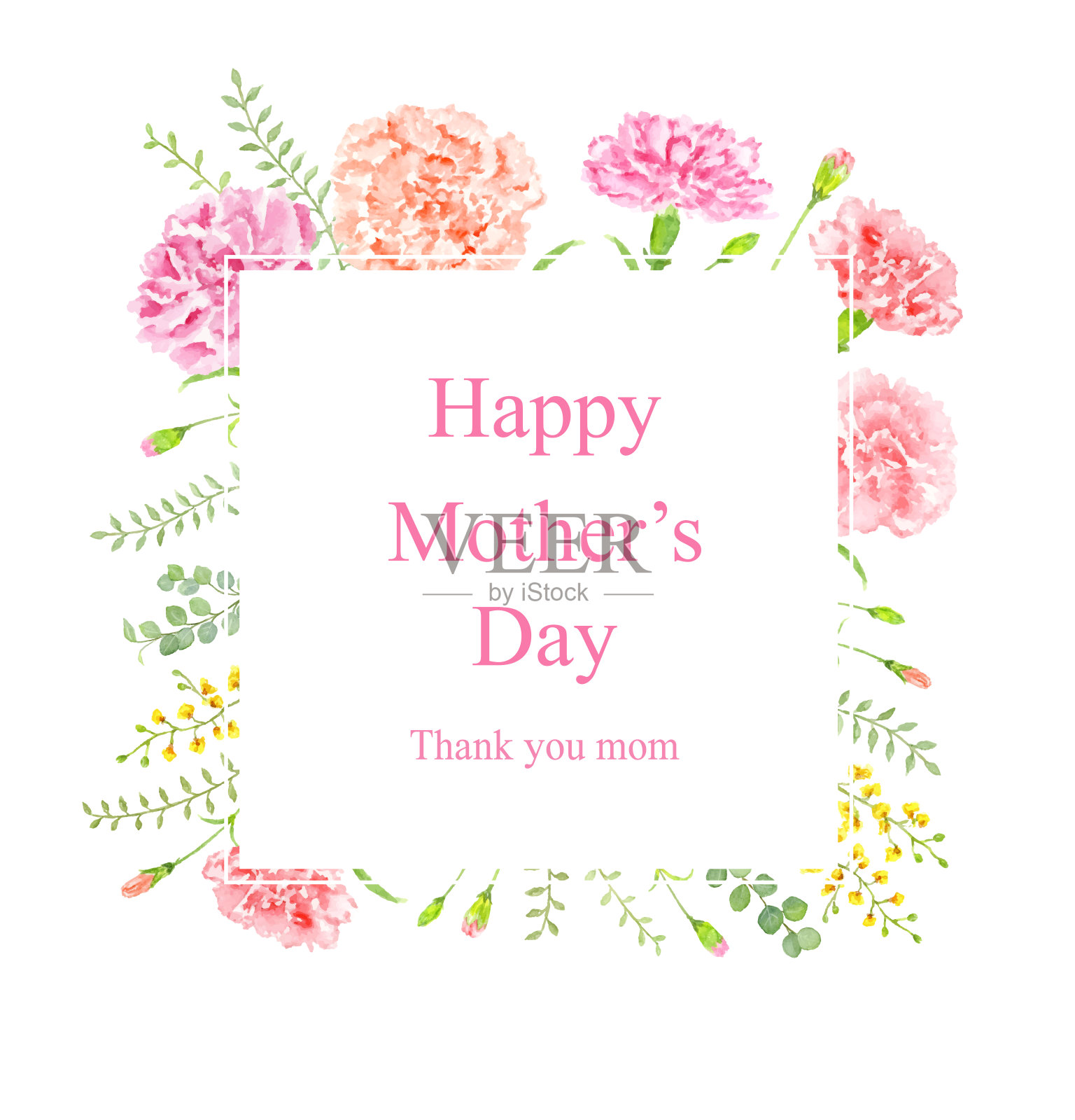 母亲节框架康乃馨与水彩画。插画图片素材