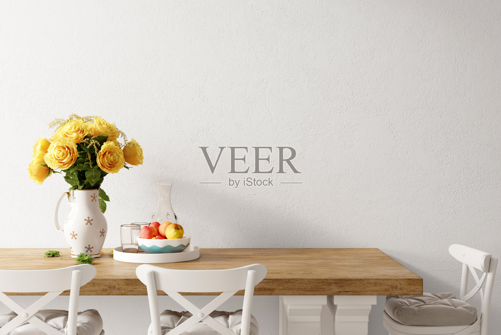 墙模型。北欧室内风格。装饰花瓶与黄色玫瑰。3d渲染,3d插图照片摄影图片