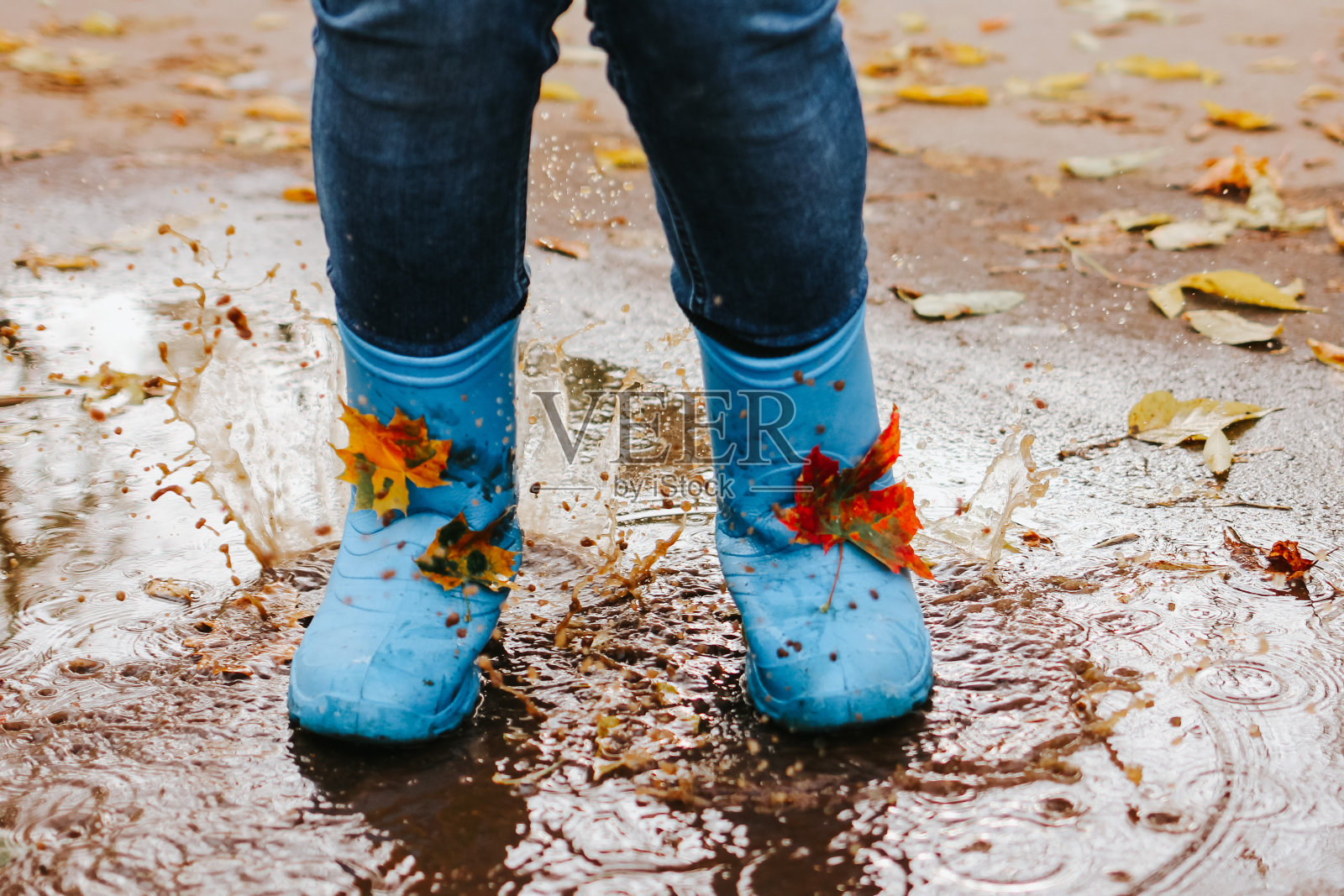 少女穿着蓝色雨靴跳进水坑在秋雨的一天。特写镜头。照片摄影图片