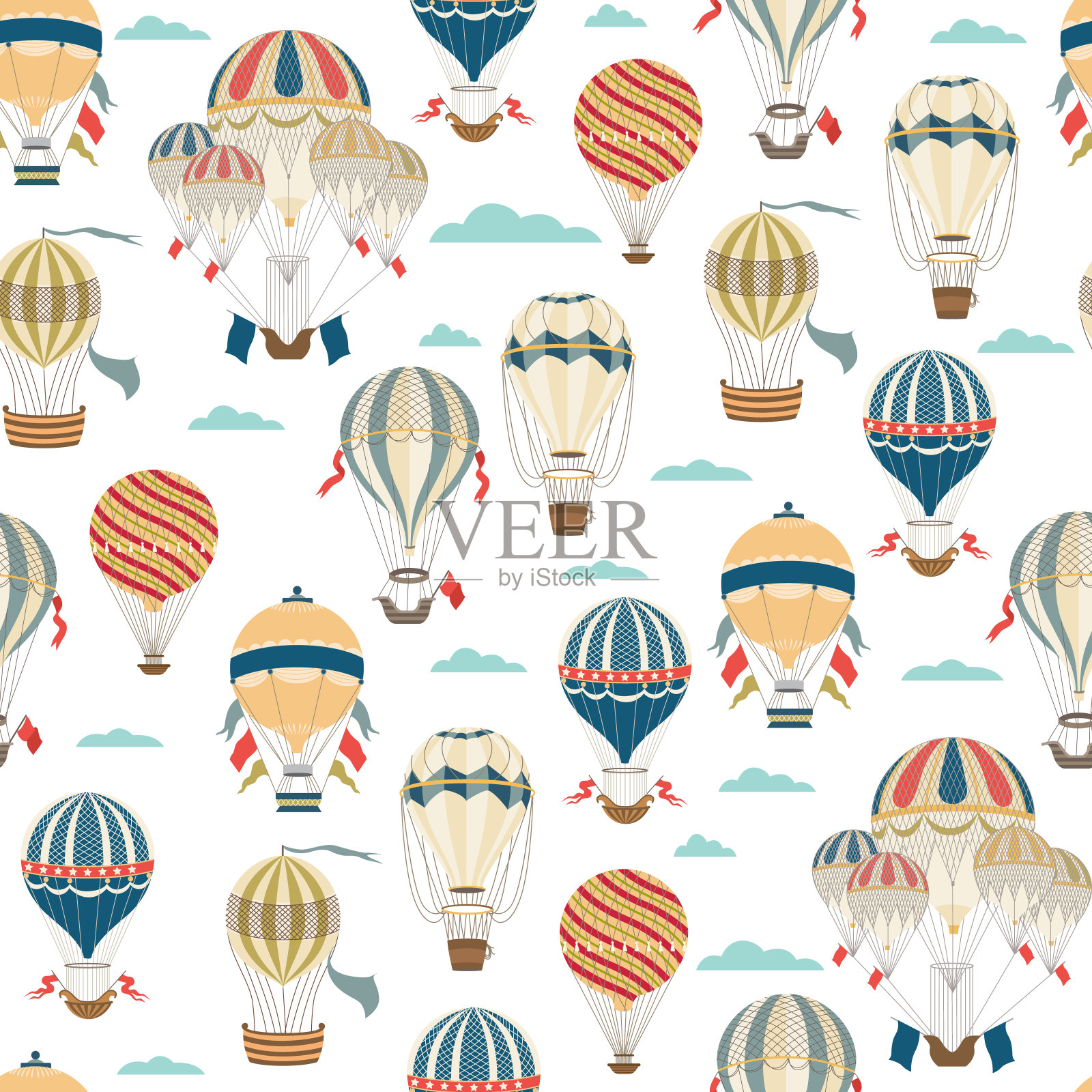 节日热气球无缝图案。卡通的飞机插画图片素材
