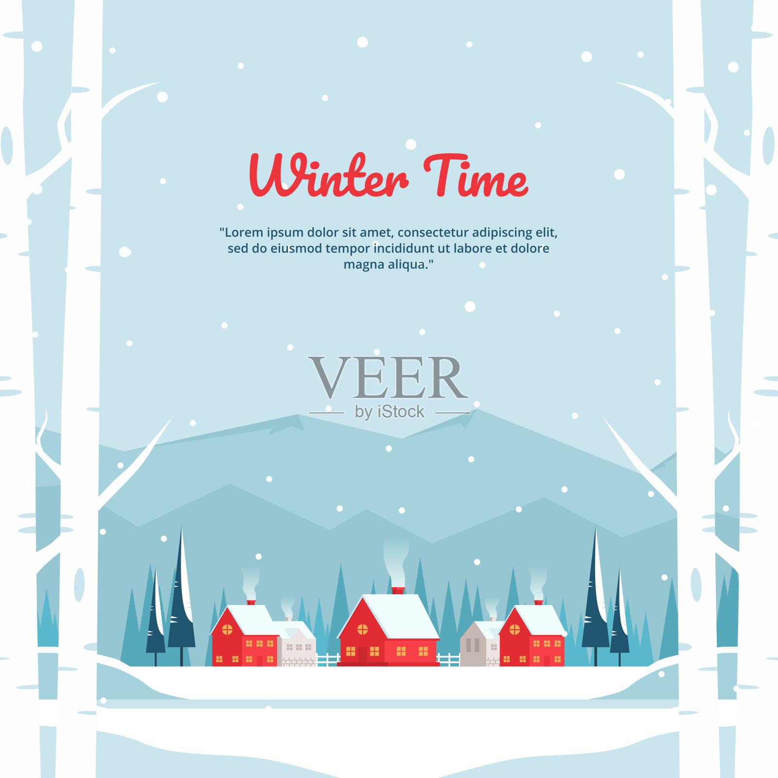 矢量插图的冬季景观与村庄在山区和红色的房子,完美的冬季和年终假期背景概念插画图片素材