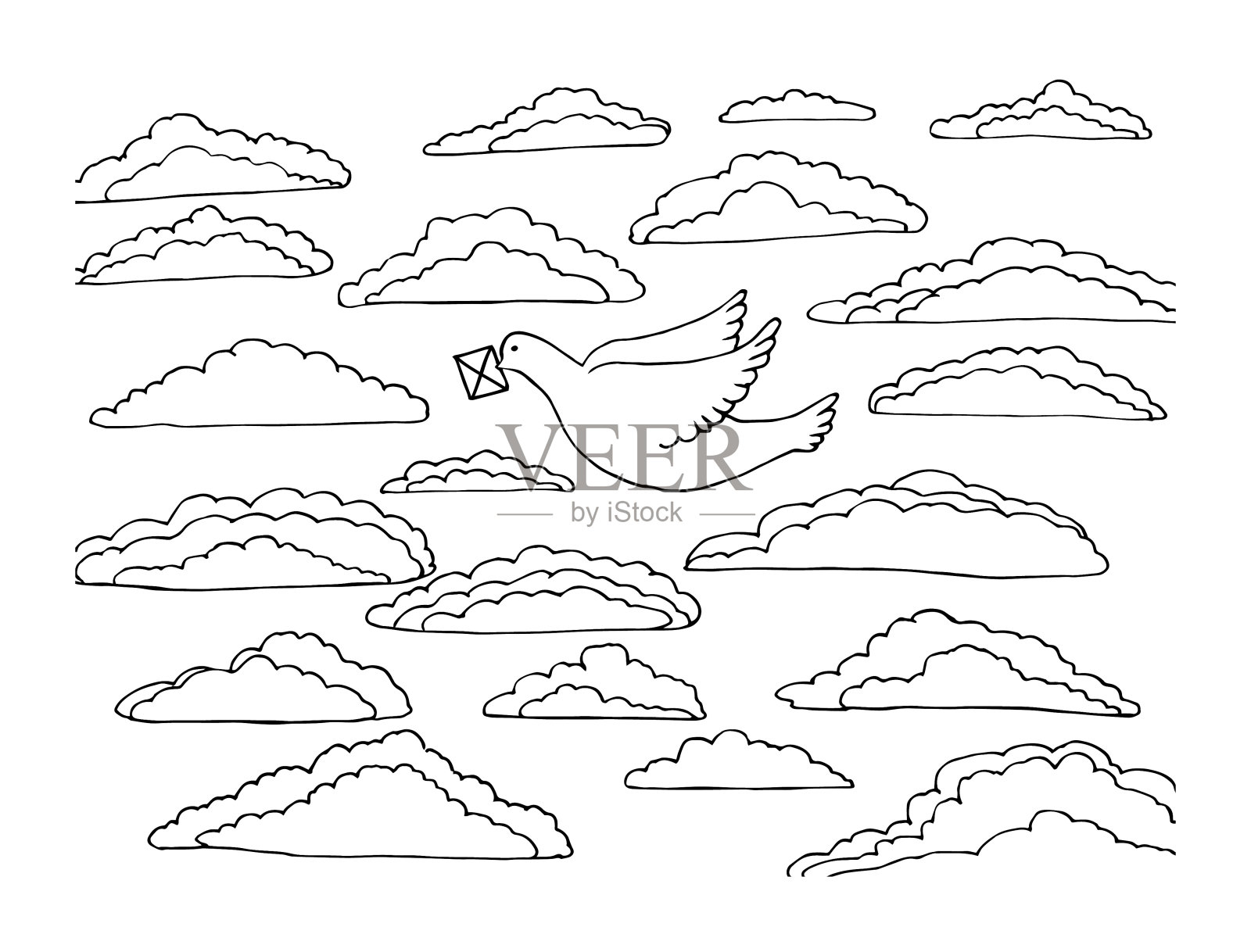 填色书中有一只飞翔的鸽子,在云中有一封信插画图片素材