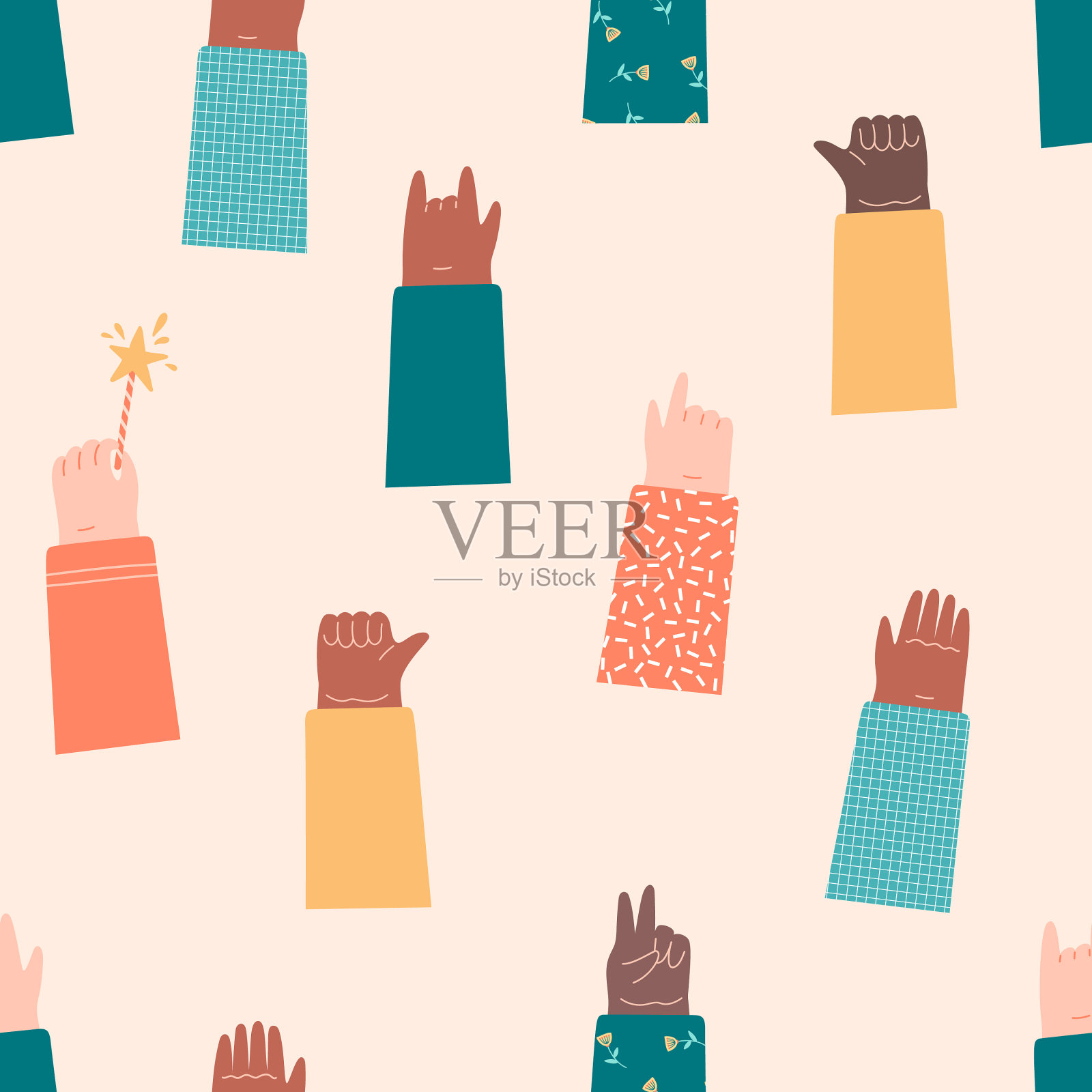 不同肤色的手在空中无缝举起插画图片素材