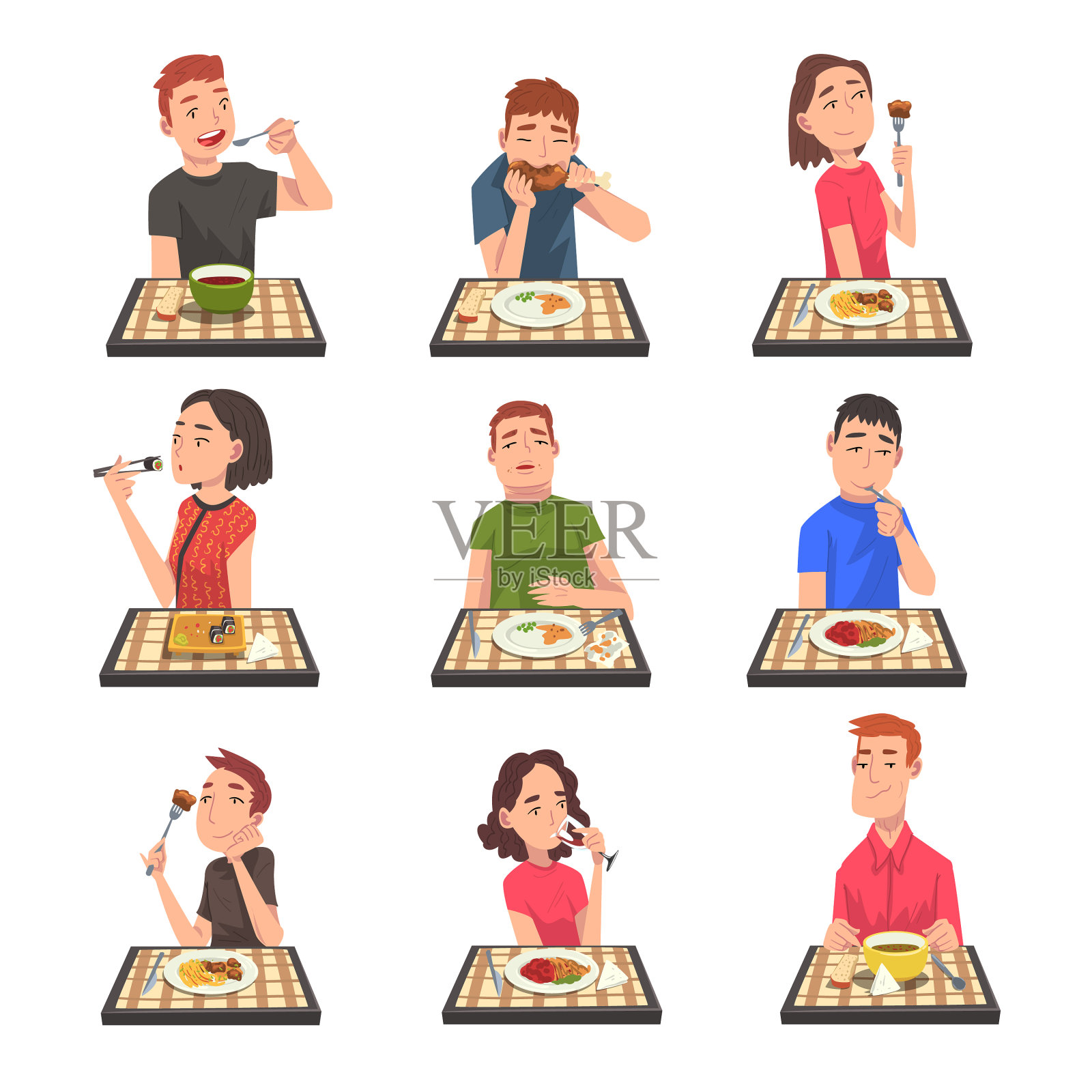 人们吃不同的食物设置男人和女人插画图片素材