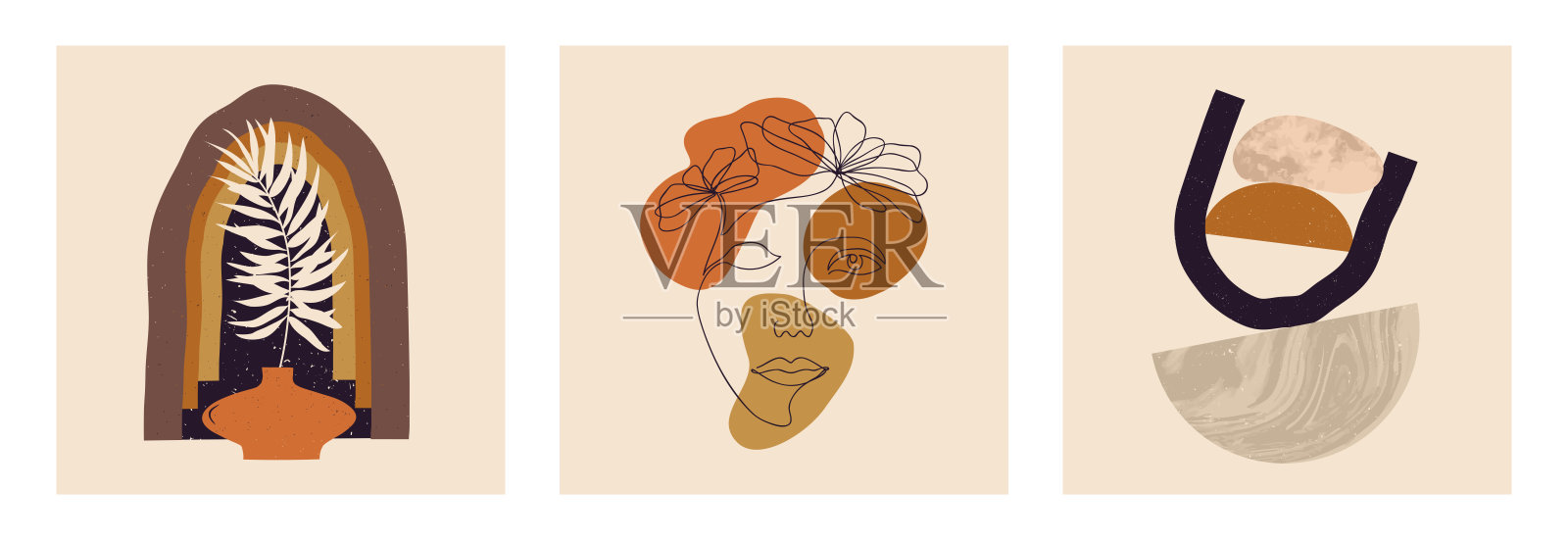 现代抽象当代美学背景与几何平衡形状,楼梯,植物,盆。时尚的中世纪现代艺术海报版画,波西米亚极简主义的墙壁装饰插画图片素材