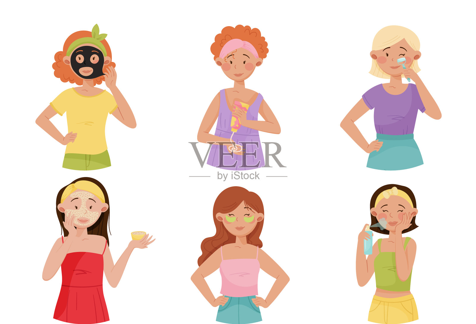 年轻女孩们在涂抹化妆膏油和插画图片素材