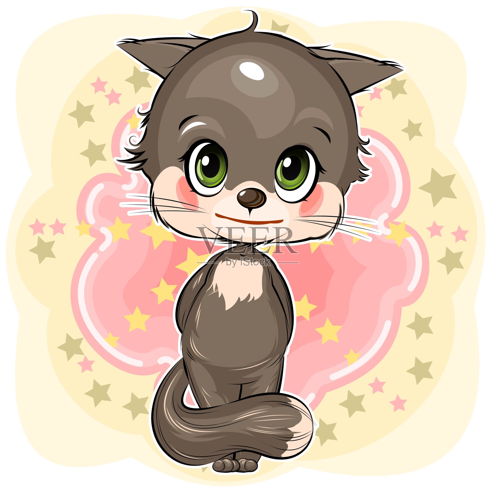 小猫。猫幼崽。可爱有趣的动物在一个抽象的背景与星星。的孩子。卡通风格。孤立在白色的。向量插画图片素材