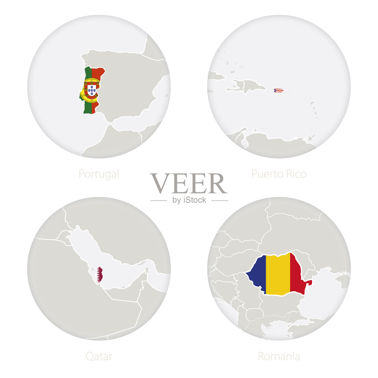 葡萄牙,波多黎各,卡塔尔,罗马尼亚地图等高线和国旗在一个圆圈。插画图片素材