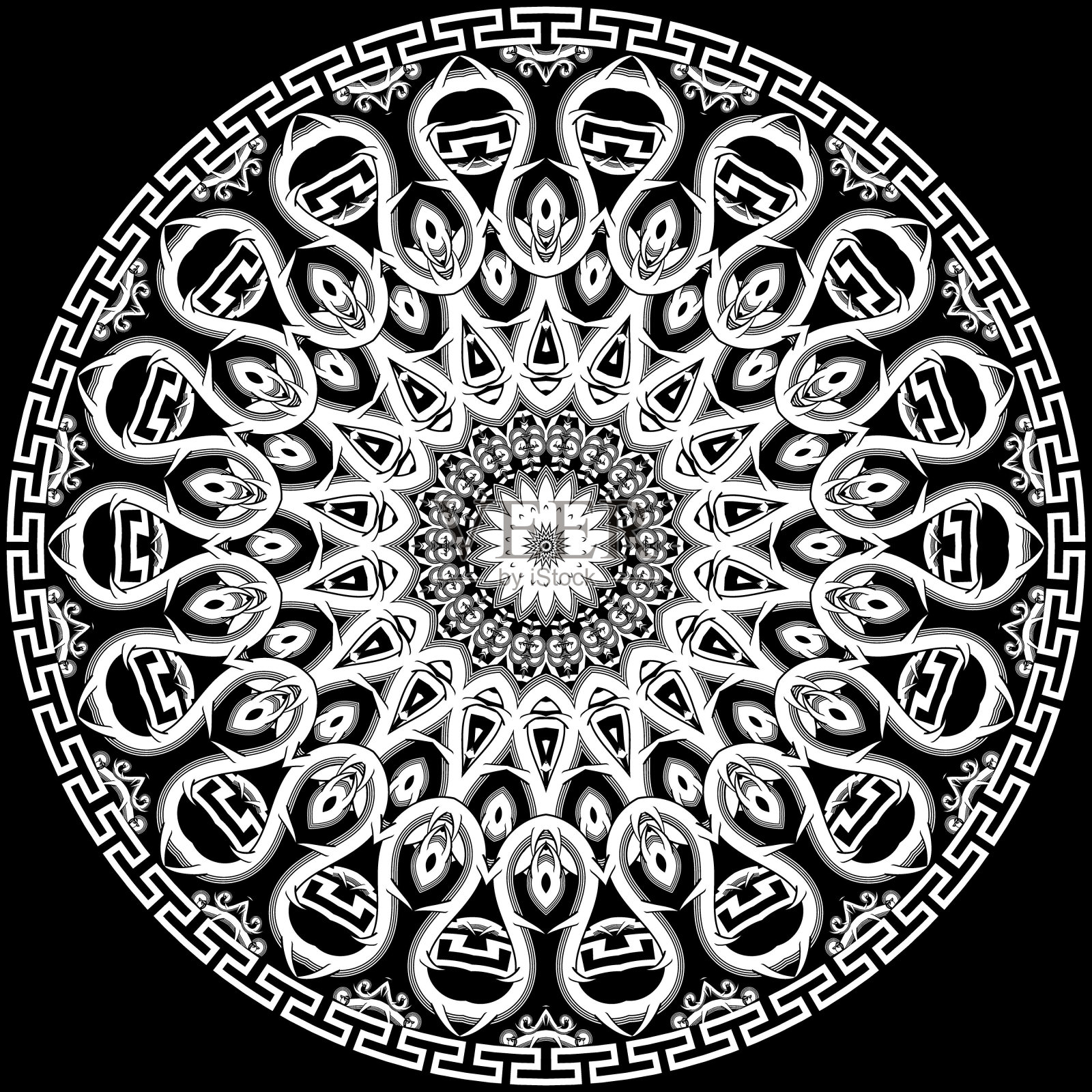 圆花曼陀罗图案。希腊黑白背景。矢量部落凯尔特风格的装饰。树枝有刺,有花,几何形状,框架。花的民族设计。希腊钥匙,漫步插画图片素材