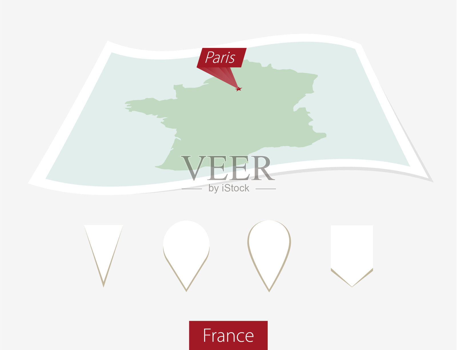 曲面纸地图上的法国首都巴黎插画图片素材