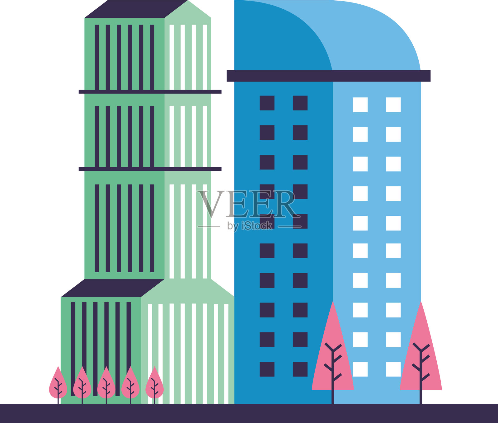 建筑物建筑与树木城市景象插画图片素材