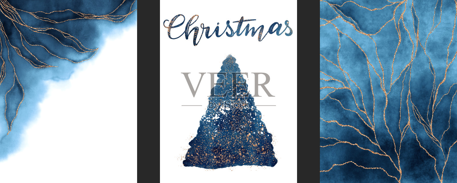 一套抽象海报手工制作的蓝色水彩背景。圣诞树的剪影孤立在一个白色的背景。圣诞刻字。金色光泽的纹理和开裂的大理石纹理。插画图片素材