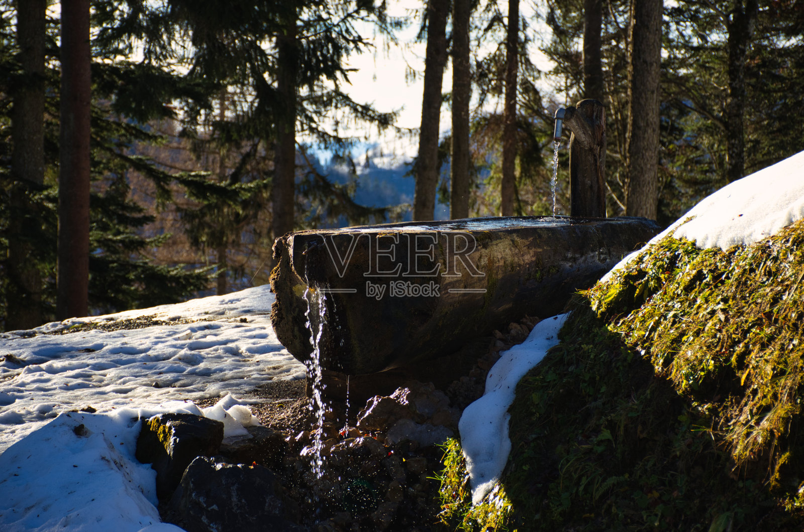 水从森林里的井里喷涌而出,令人难以置信的冬仙子形象,冬的画面,山上流水清澈照片摄影图片