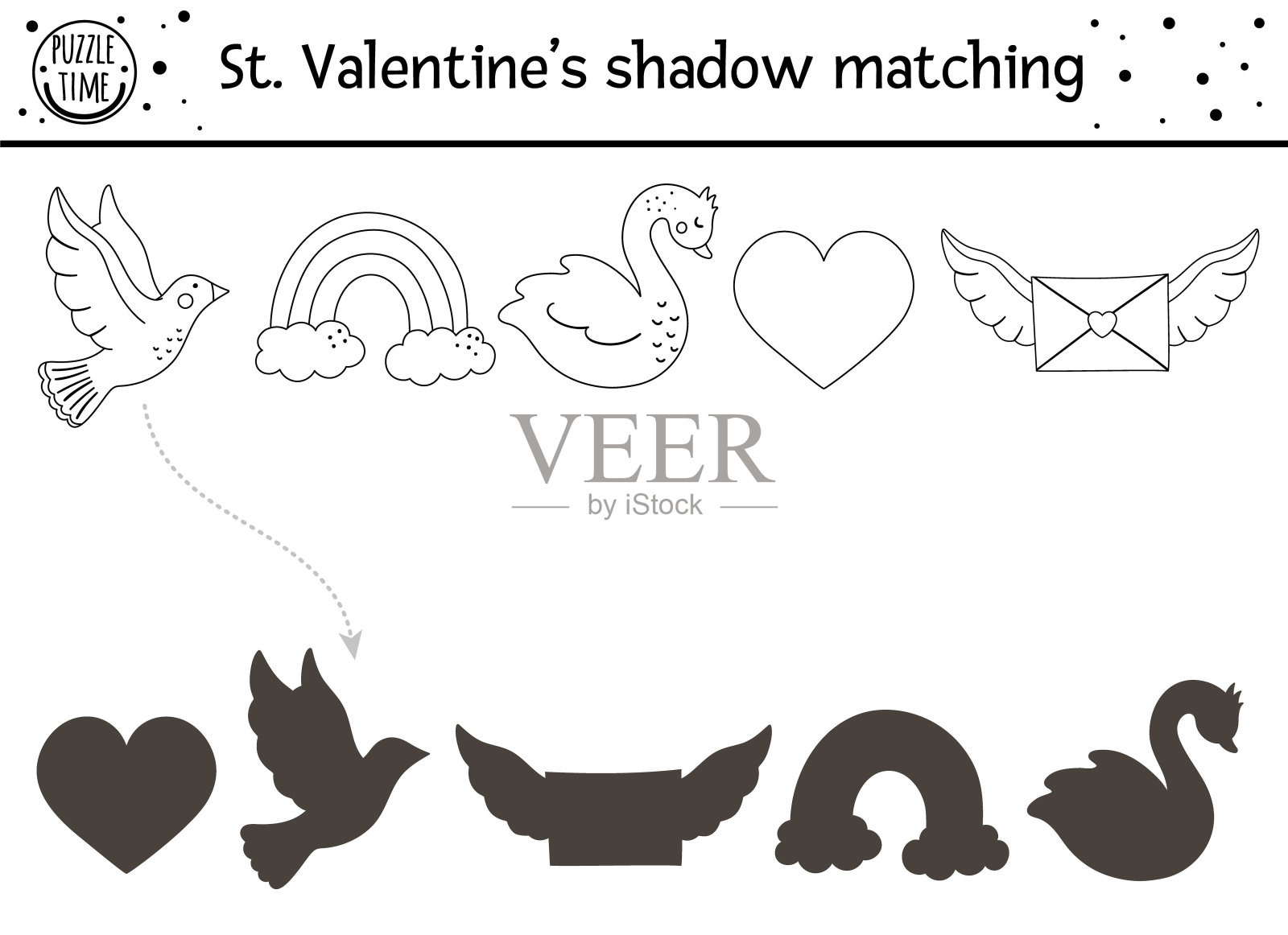 万圣节儿童黑白影配对活动。有趣的轮廓拼图可爱的节日符号。教育大纲游戏与爱的主题。找到正确的剪影工作表。设计模板素材