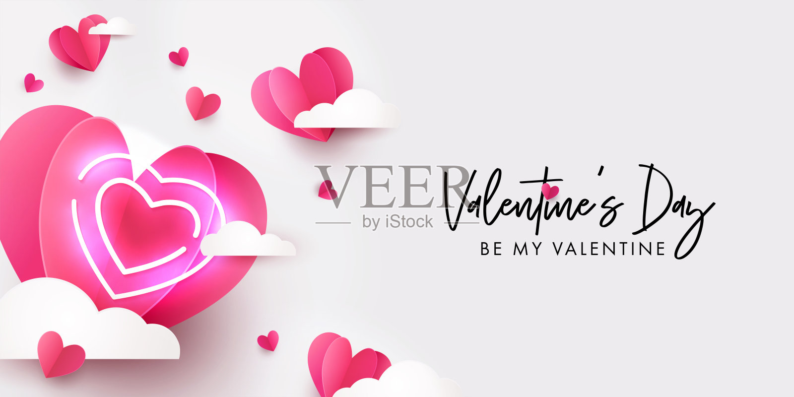 情人节现代设计的网站横幅,销售,情人节卡片,传单或海报剪纸风格与可爱的折纸心插画图片素材