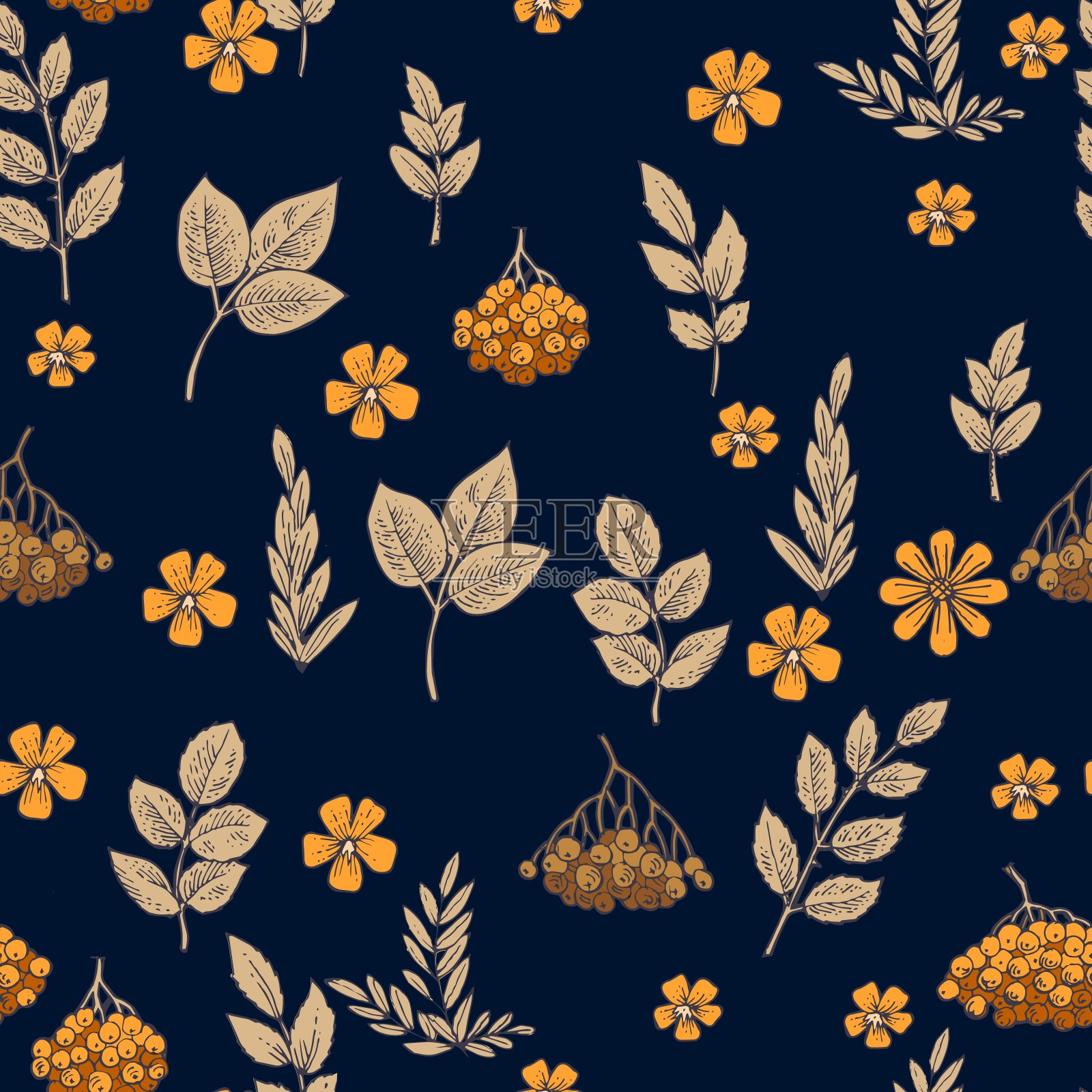 山白蜡树的树枝和果实。墙纸和织物的无缝图案。背景说明。手绘轮廓。园林植物的开花抽象工厂图片。向量插画图片素材