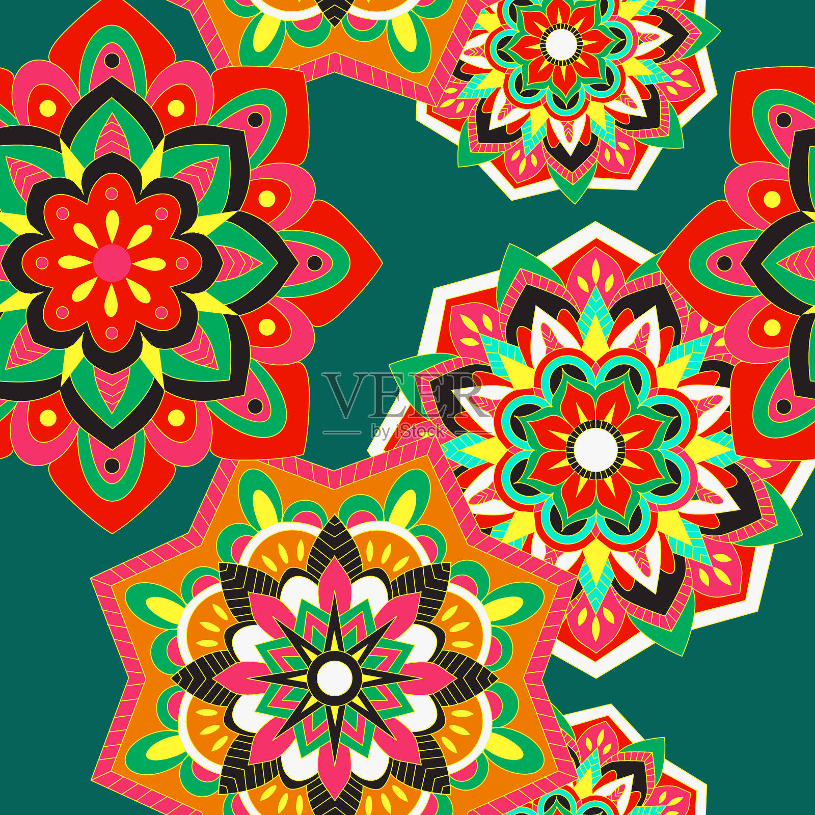 彩色无缝图案与植物和花卉插画图片素材