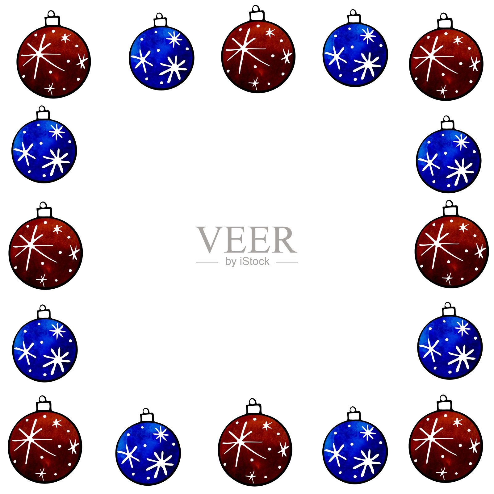 方形框架是由红色和蓝色的圣诞树球。新年与圣诞节的背景与边界。适用于贺卡、照片、节日设计、请柬等插画图片素材