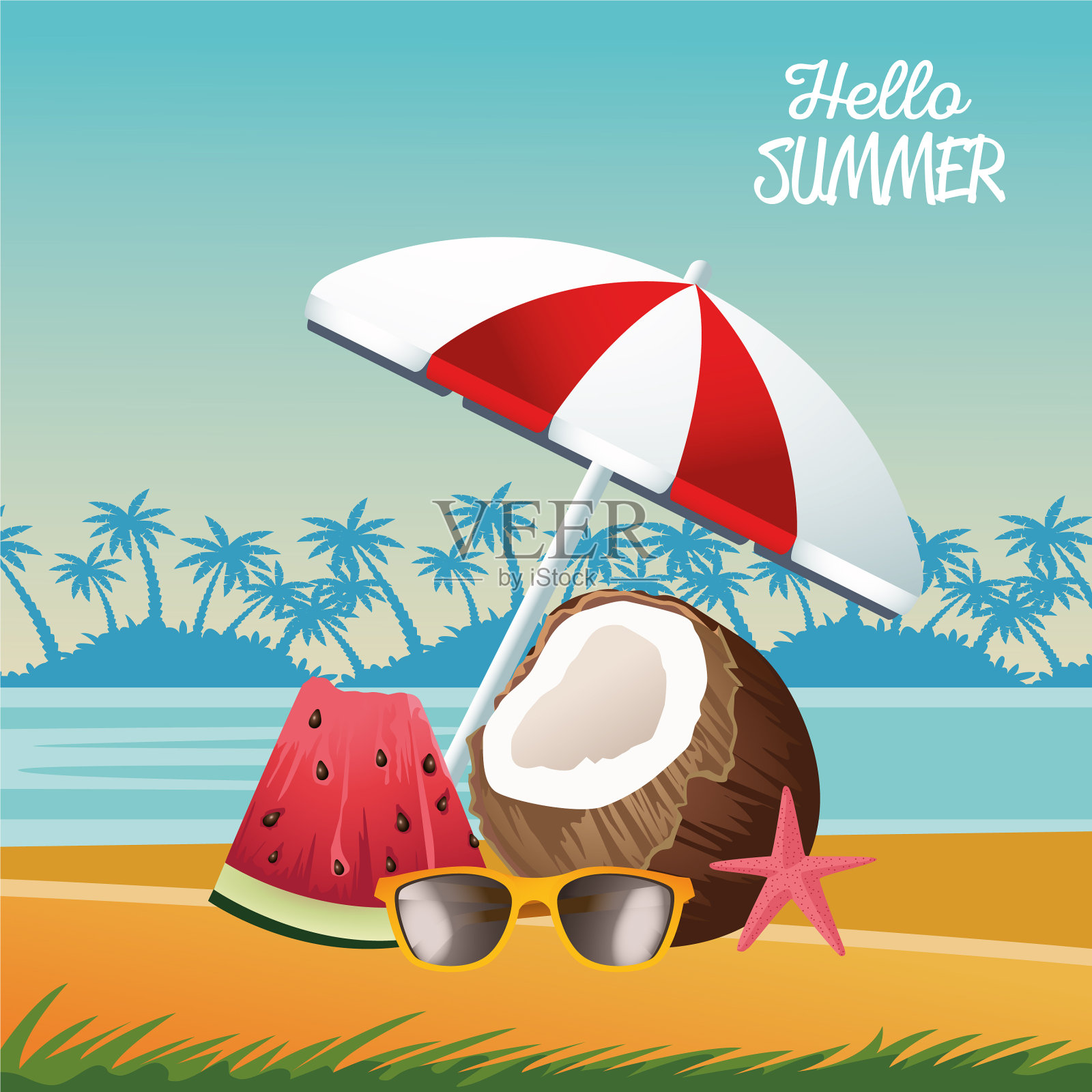 你好,夏天季节场景与伞和插画图片素材