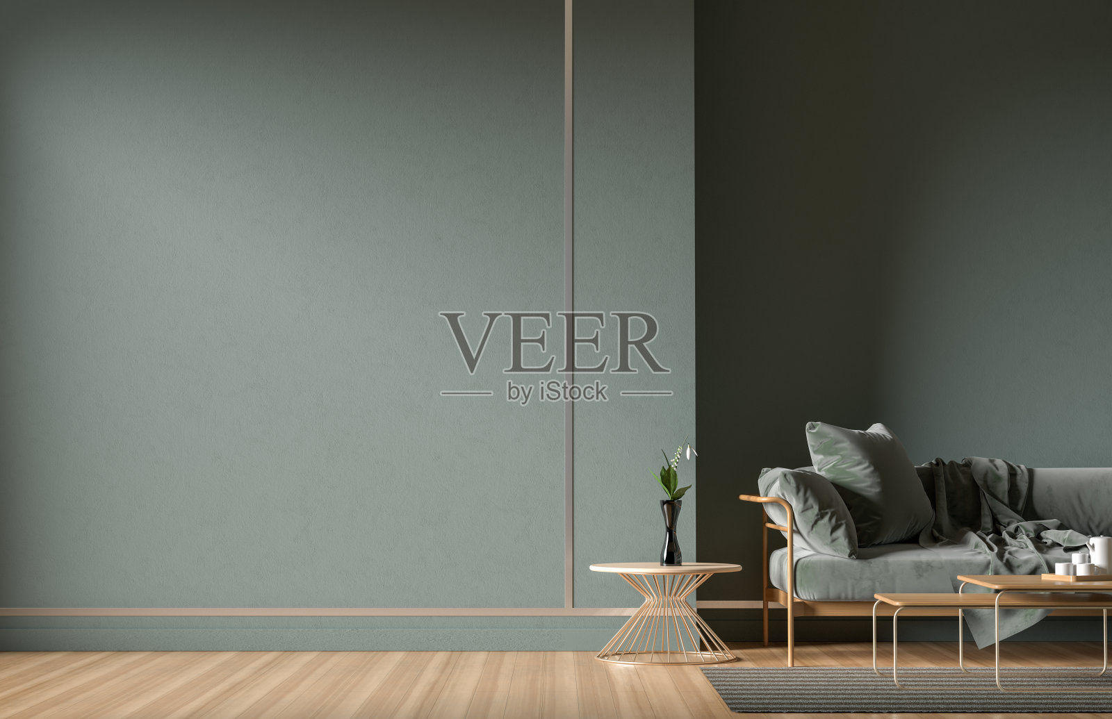 空墙模拟在斯堪的纳维亚风格的室内。简约的室内设计。3 d演示。照片摄影图片