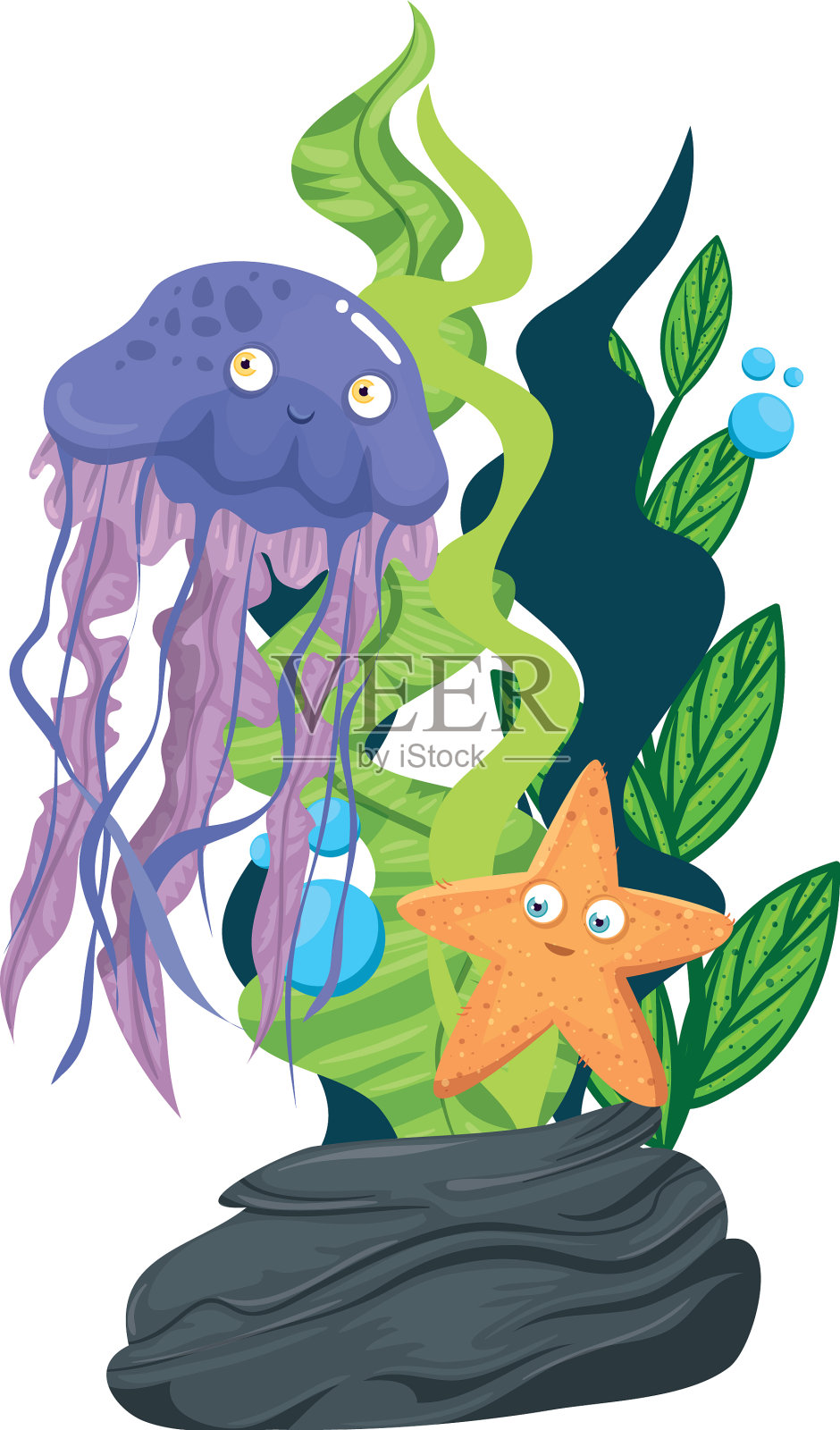 海洋水下生物有水母、海星和设计元素图片