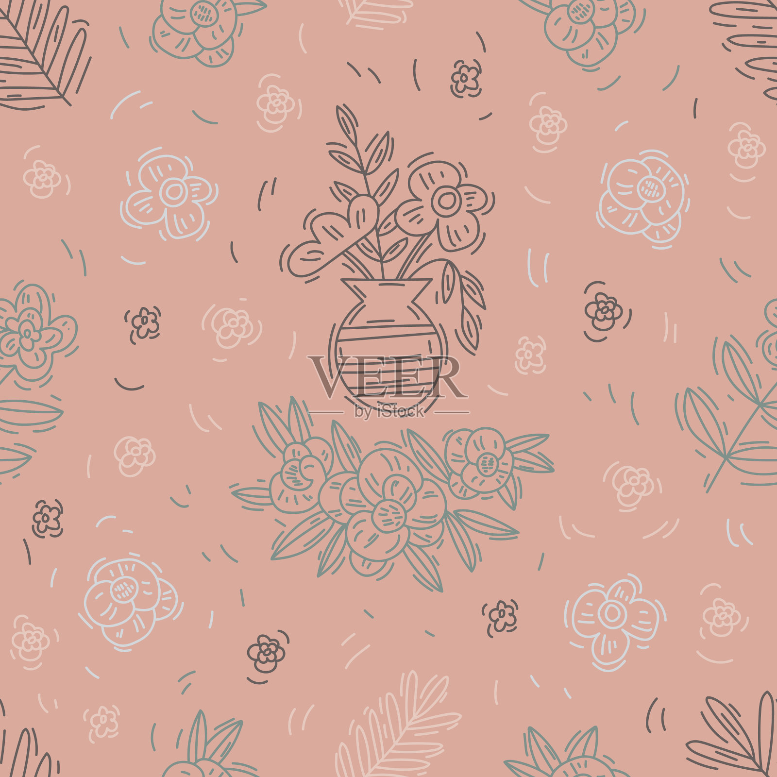 无缝矢量涂鸦插图从轮廓粉蜡笔的颜色。花卉手绘图案与花和植物的墙纸,纺织品,包装纸插画图片素材