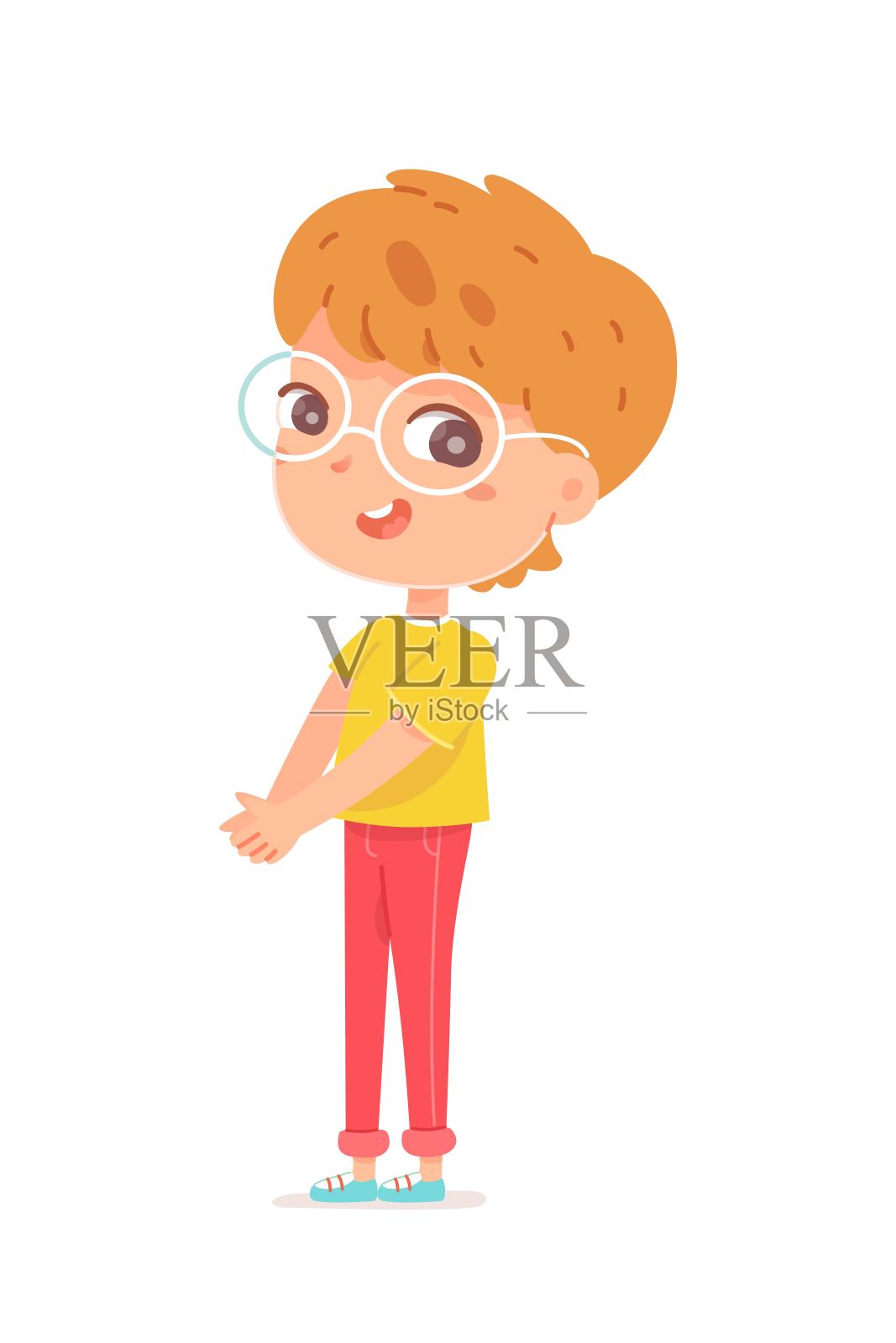 快乐的聪明男孩站在眼镜。快乐的微笑的孩子说话。积极的情绪和有趣的矢量插图。可爱开朗的孩子在良好的心情在白色的背景插画图片素材