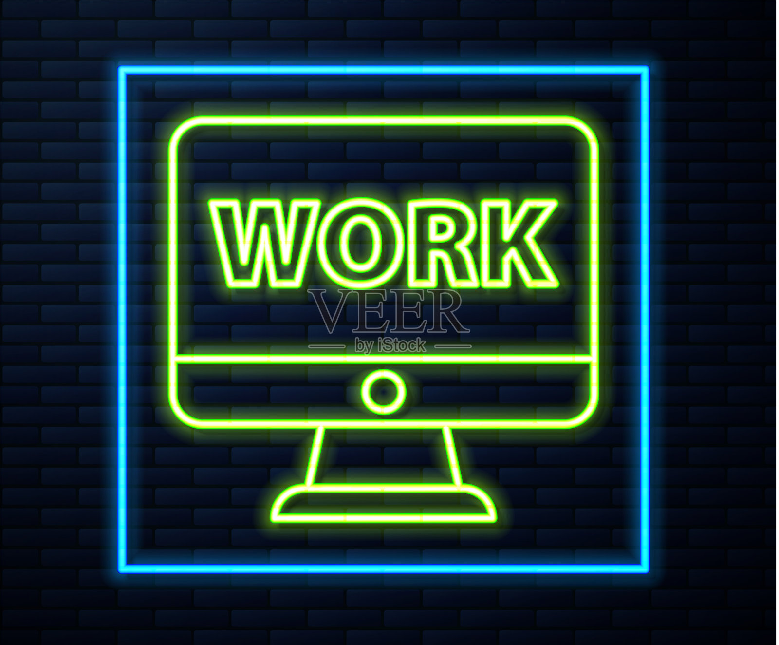 发光的霓虹灯线计算机显示器与文字工作插画图片素材