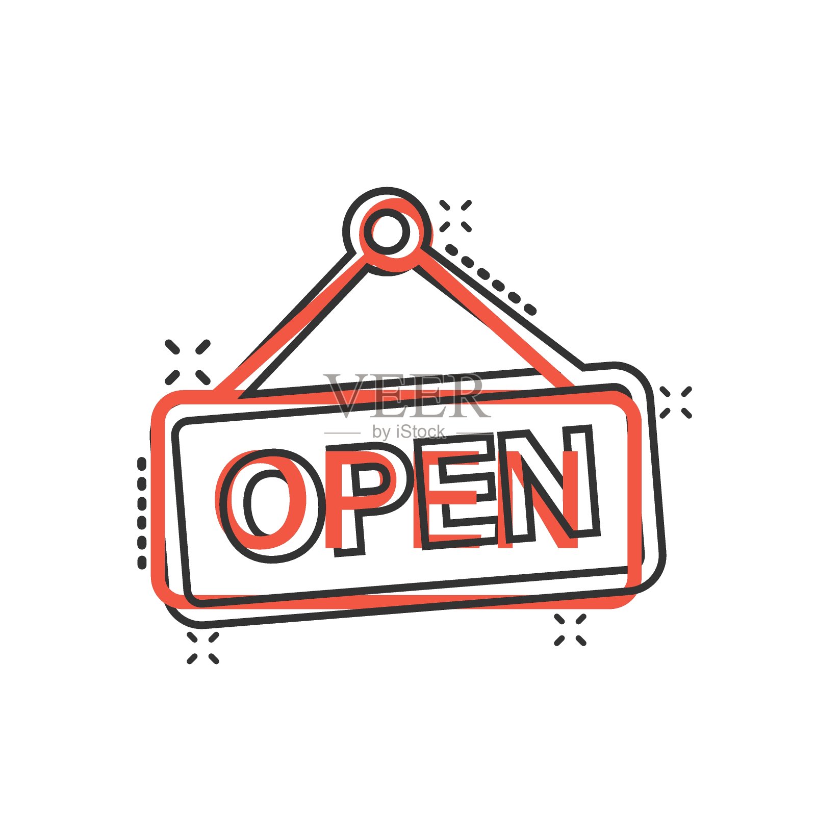 以漫画风格打开标志图标。无障碍的卡通矢量插图在白色孤立的背景。消息飞溅效应的经营理念。插画图片素材